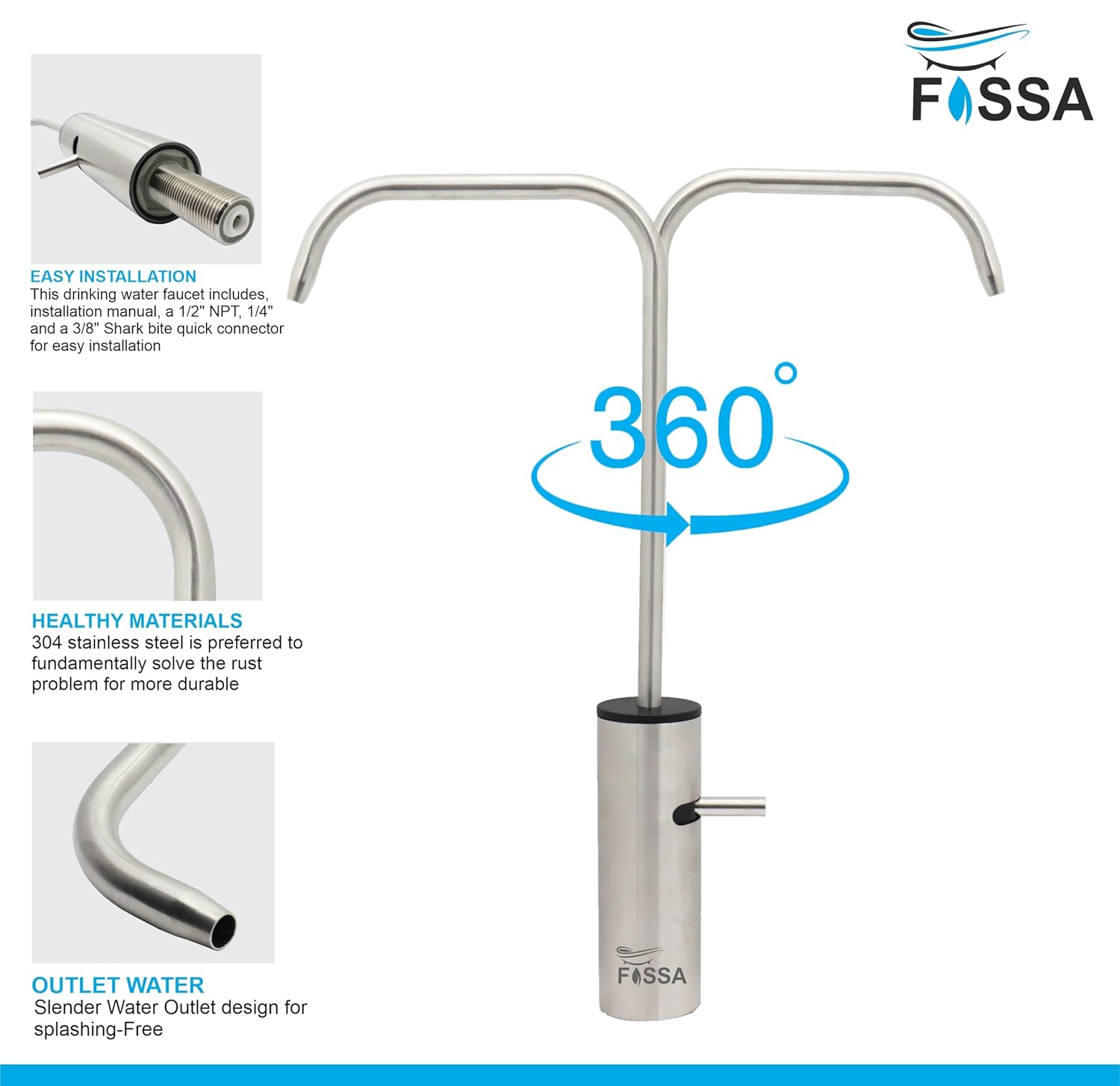 Fossa Opera L Bend RO Tap Kitchen Water Filter Faucet, 100% Lead-Free Drinking Water Faucet Stainless Steel Brushed Nickel Finish (Silver)