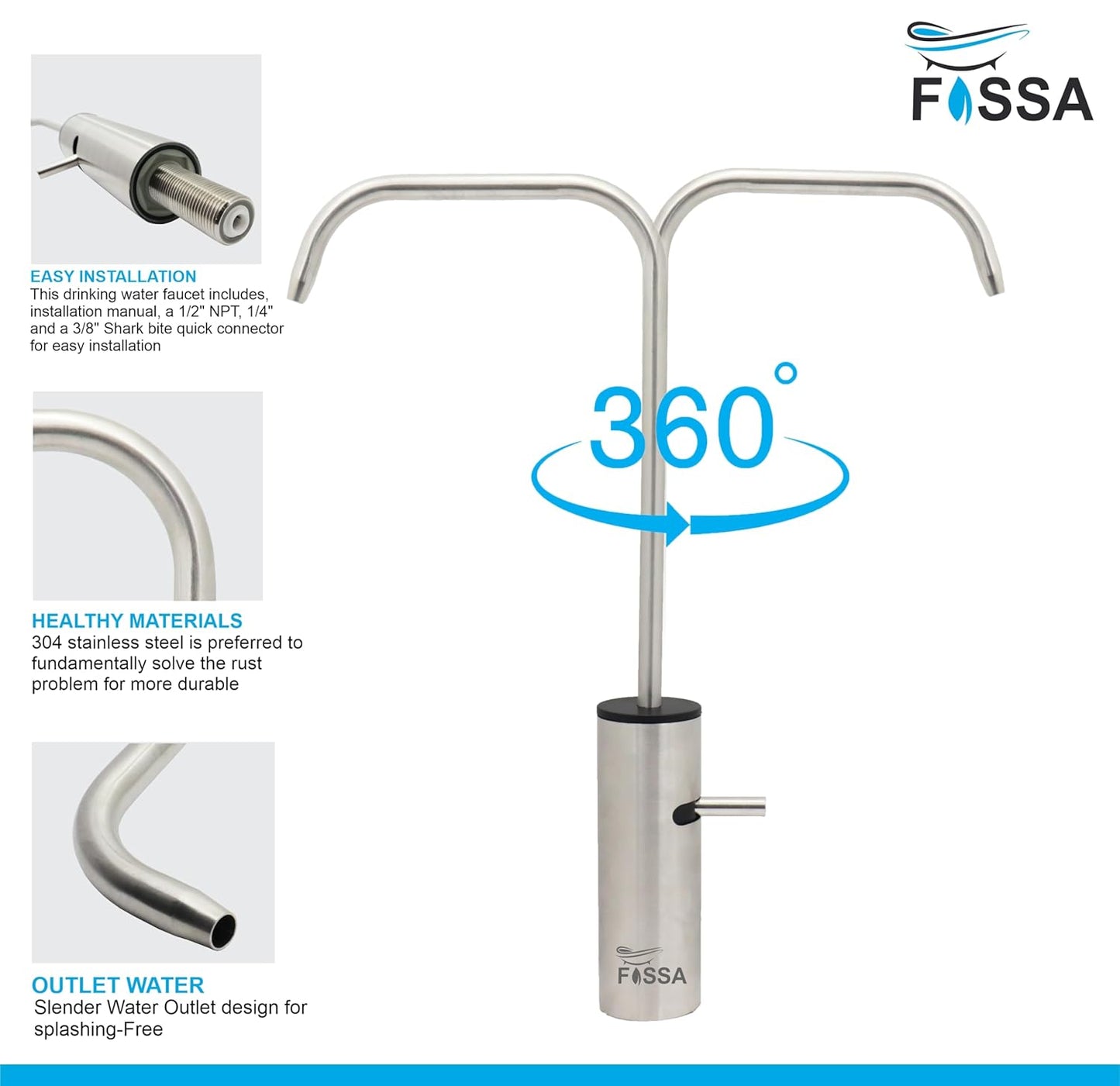 Fossa Opera L Bend RO Tap Kitchen Water Filter Faucet, 100% Lead-Free Drinking Water Faucet Stainless Steel Brushed Nickel Finish (Silver) (Silver)