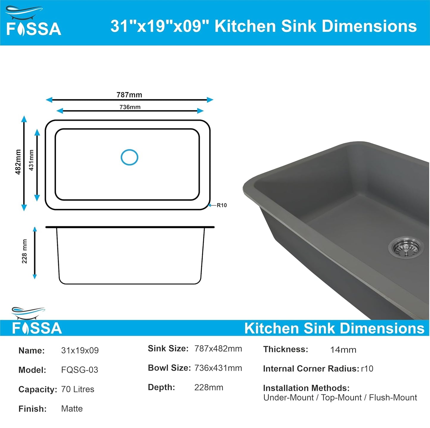 Fossa 31"x19"x09" Inch Granite Quartz Kitchen Sink Single Bowl with Basket, Coupling, Waste Pipe Quartz German Engineered Technology Kitchen Sink Easy-to-Clean Sink (Grey)