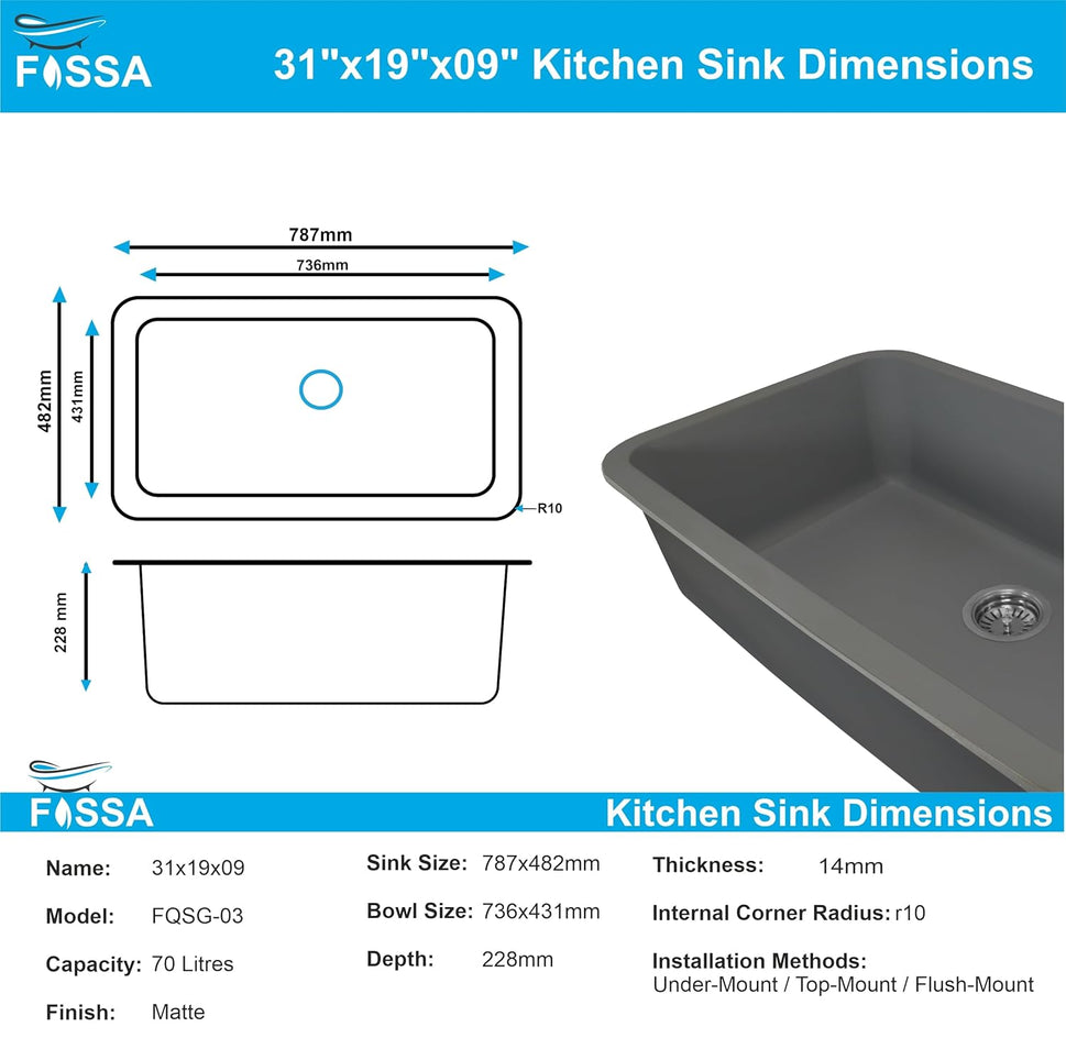 Fossa 31"x19"x09" Inch Granite Quartz Kitchen Sink Single Bowl with Basket, Coupling, Waste Pipe Quartz German Engineered Technology Kitchen Sink Easy-to-Clean Sink (Grey) No videos