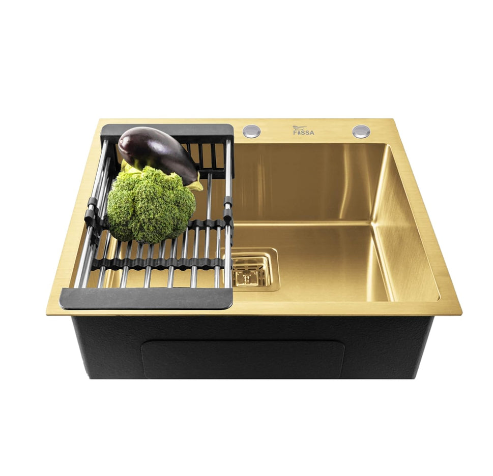 Fossa 24"x18"x10" Inch Single Bowl With Tap Hole Premium Stainless Steel Handmade Kitchen Sink (Matte Finish) Gold