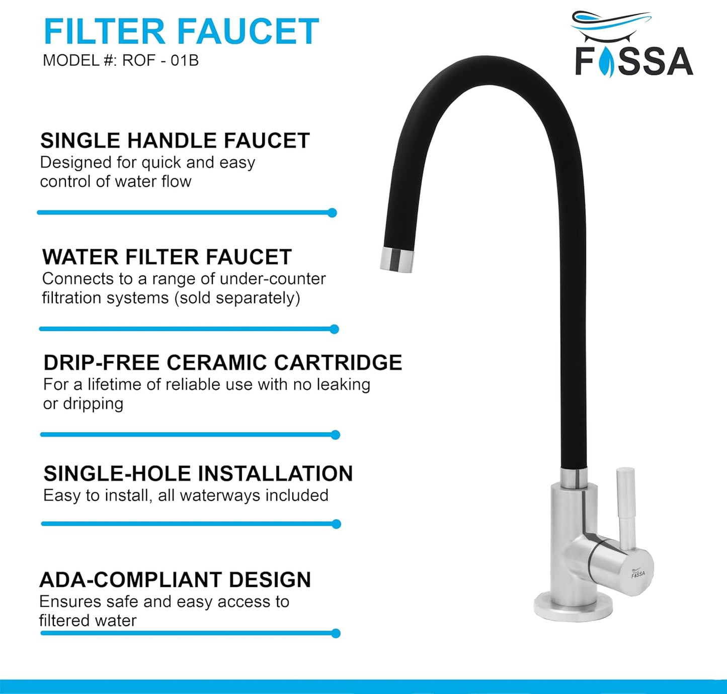 Fossa Stainless Steel RO Tap with Flexible Swivel Spout for Kitchen/Sink/Wash Basin - Matte Finish Black,Water Filter Faucet, 100% Lead-Free Drinking Water Faucet Stainless Steel Body (Black)