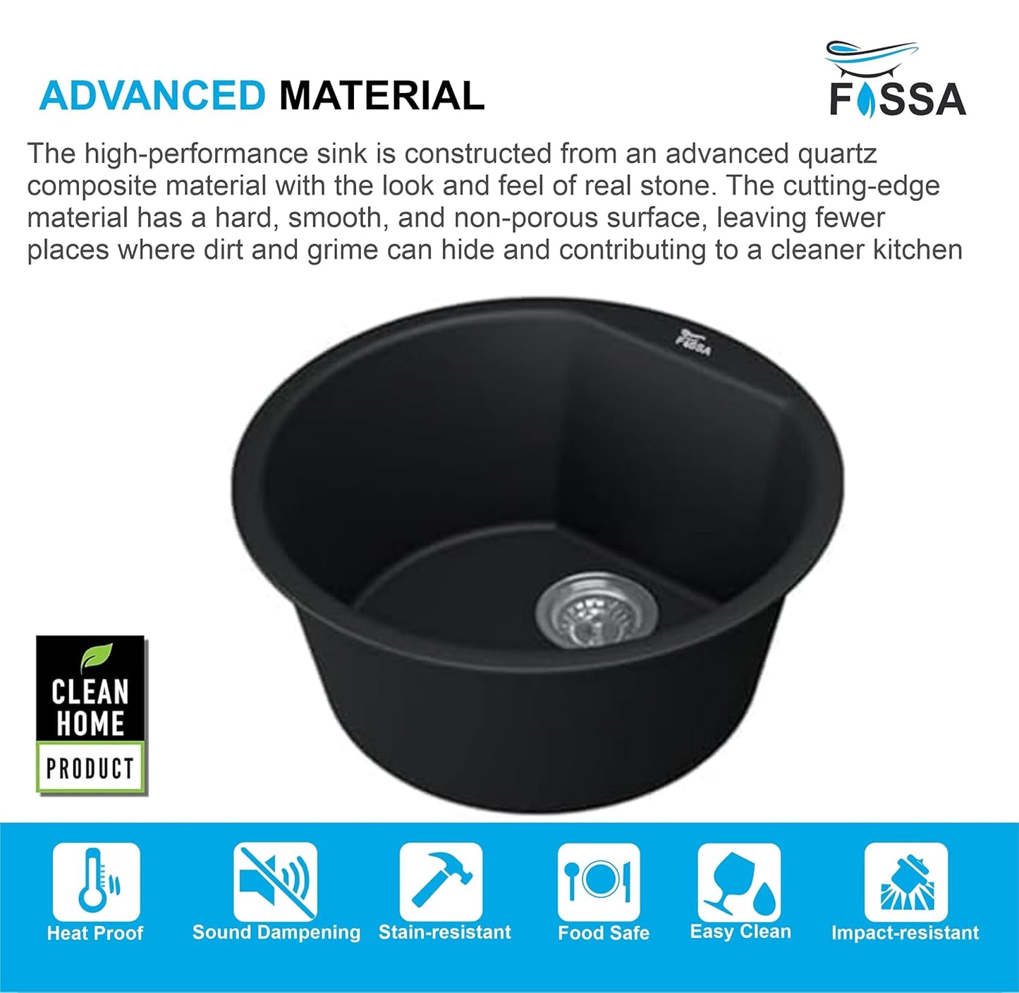 Fossa 18"x18"x08" Inch Black Round Bar Sink, Thicken Single Bowl Kitchen Sinks, Quartz German Engineered Technology Kitchen Sink Easy-to-Clean Sink for Outdoor Indoor Catering Restaurant Hospital