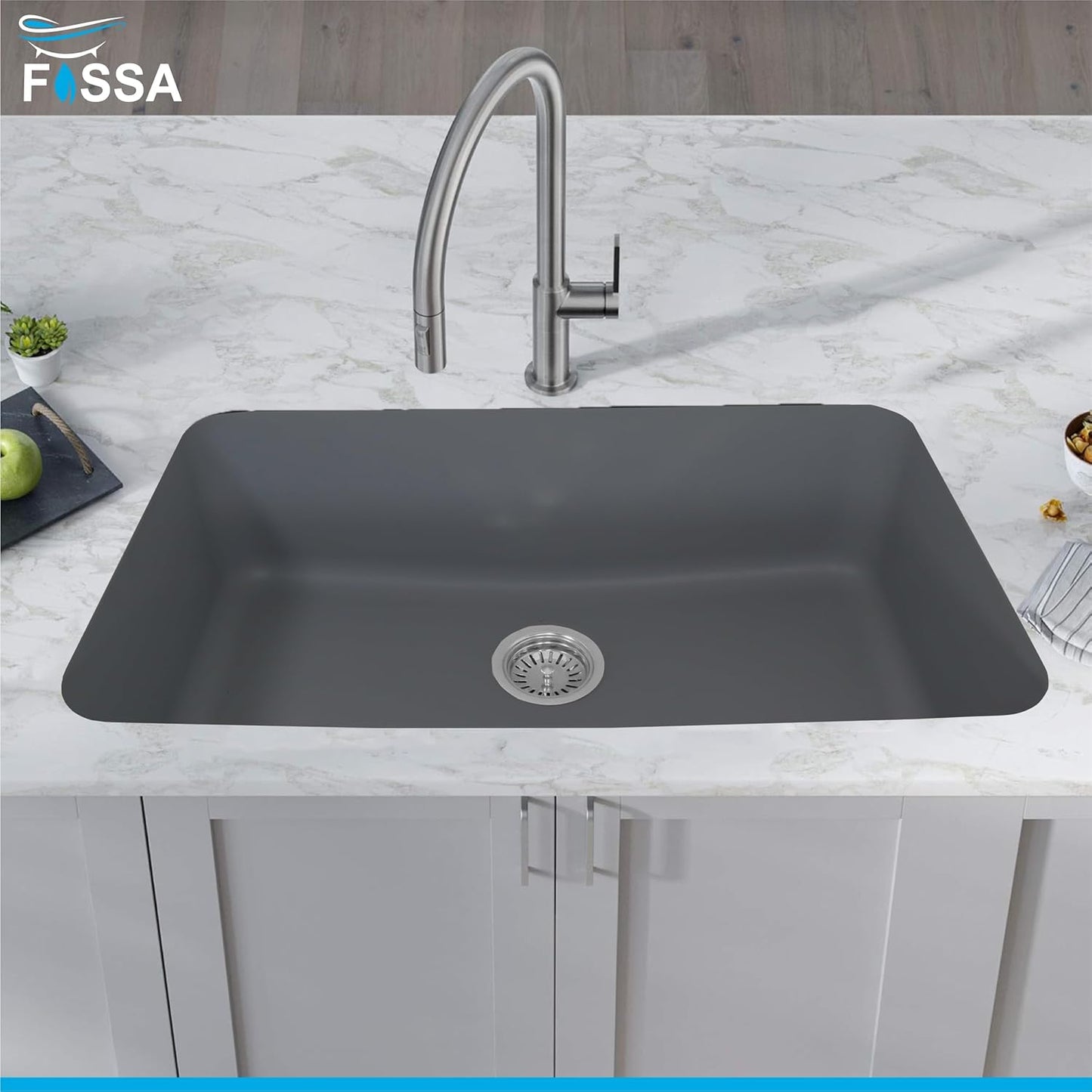 Fossa 31"x19"x09" Inch Granite Quartz Kitchen Sink Single Bowl with Basket, Coupling, Waste Pipe Quartz German Engineered Technology Kitchen Sink Easy-to-Clean Sink (Grey) No videos