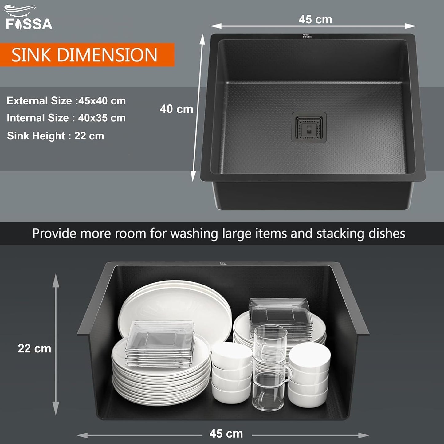 Fossa 18"x16"x09" Single Bowl Premium Honeycomb Embossed Handmade Kitchen Sink with Black Nano Coating, Stainless Steel Sink (Black)