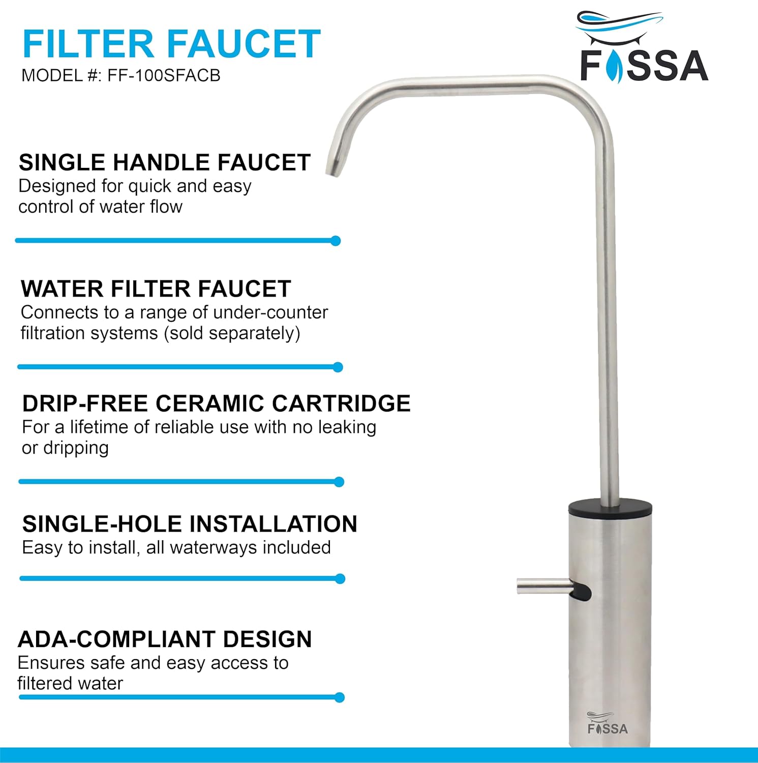 Fossa Opera L Bend RO Tap Kitchen Water Filter Faucet, 100% Lead-Free Drinking Water Faucet Stainless Steel Brushed Nickel Finish (Silver)