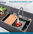 Fossa 30"x18"x10" inch Fully Equipped 304 Grade Kitchen Sink with Integrated Waterfall and Pull-down Faucets -Stainless Steel Sink with LED Pannel and Touchscreen Digital Display - Nano Black Finish with All Accessories