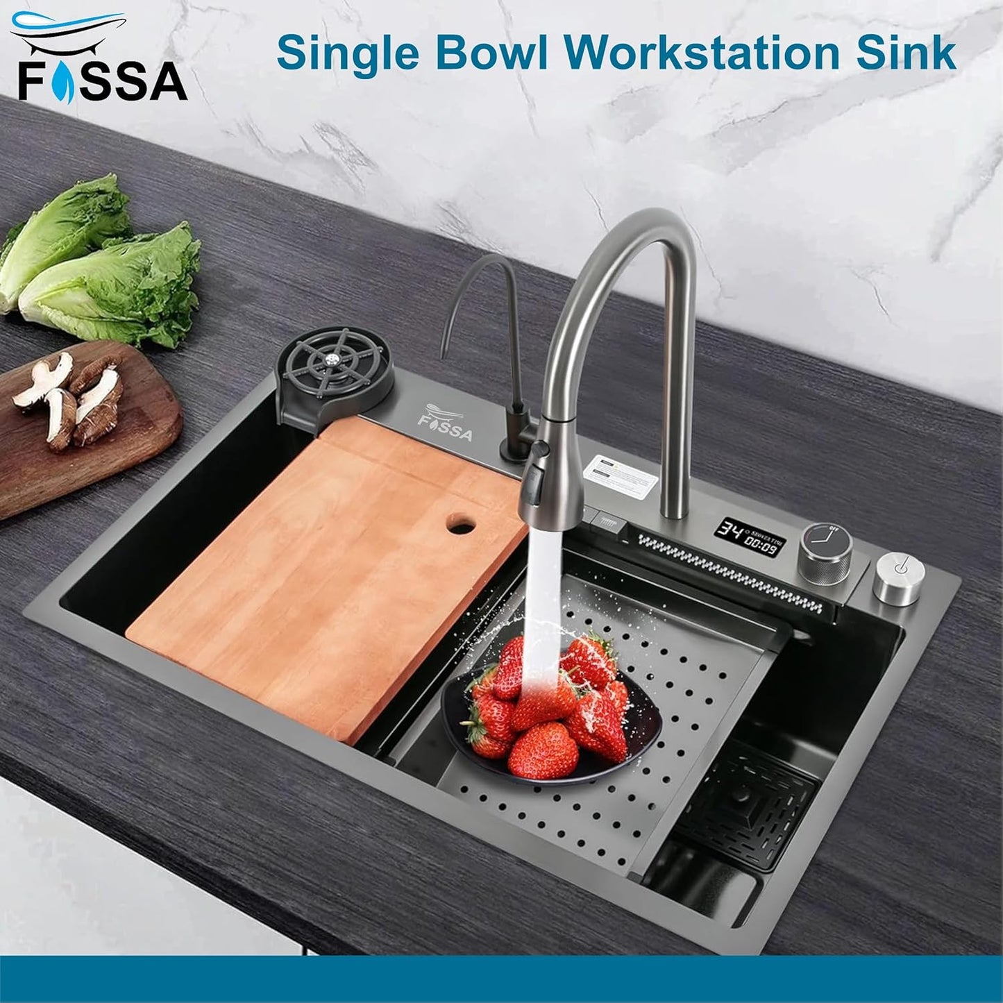 Fossa 30"x18"x10" inch Fully Equipped 304 Grade Kitchen Sink with Integrated Waterfall and Pull-down Faucets -Stainless Steel Sink with LED Pannel and Touchscreen Digital Display - Nano Black Finish with All Accessories