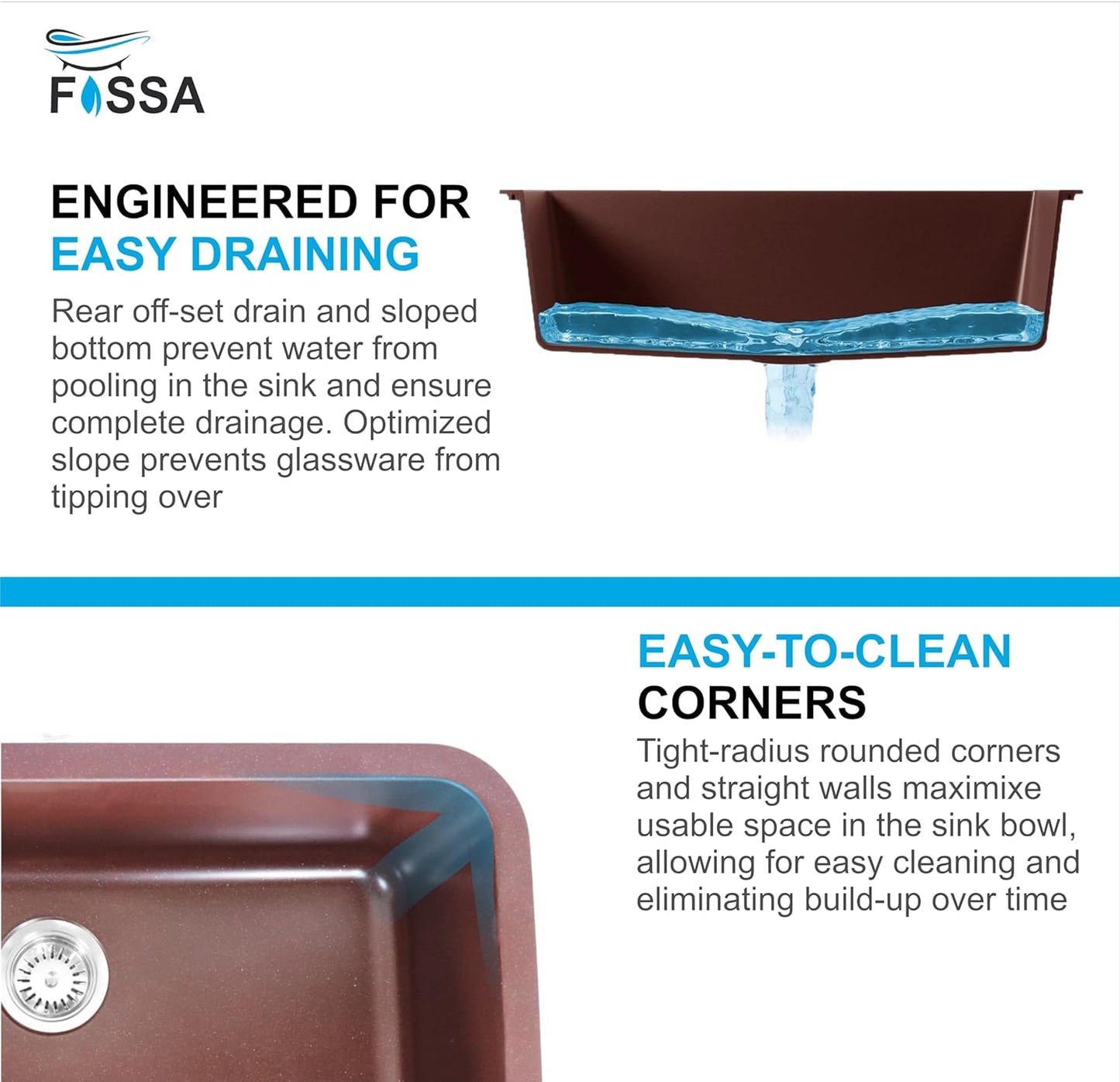 Fossa 31"x19"x09" Inch Granite Quartz Kitchen Sink Single Bowl with Basket, Coupling, Waste Pipe Quartz German Engineered Technology Kitchen Sink Easy-to-Clean Sink (Choco Brown)