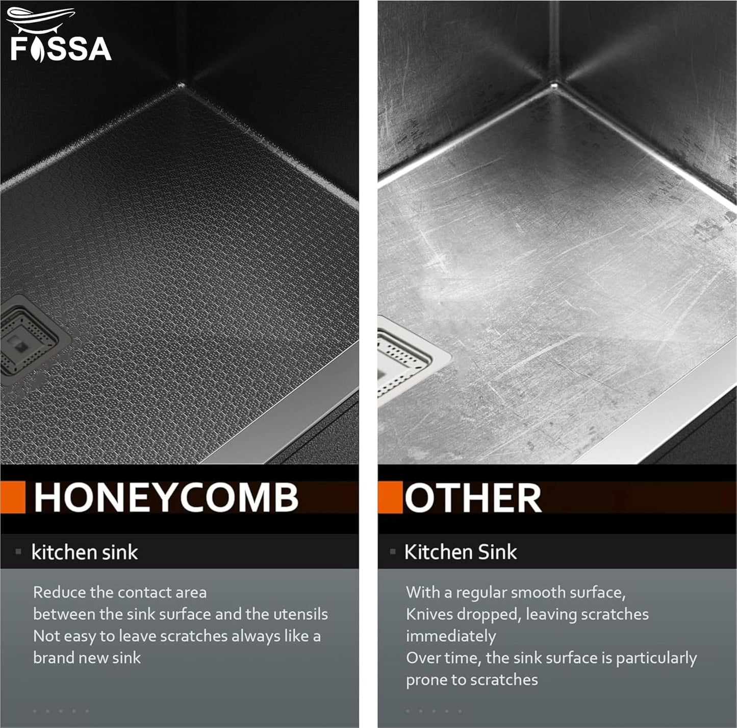 Fossa 18"x16"x09" Single Bowl Premium Honeycomb Embossed Handmade Kitchen Sink with Black Nano Coating, Stainless Steel Sink (Black)