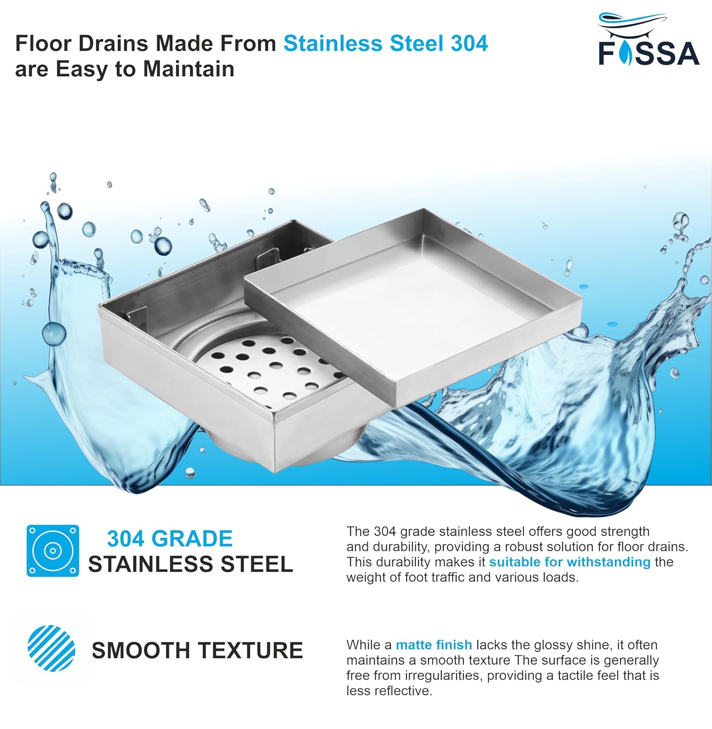 Fossa Marble 5"X5" Inch Square Floor Drain, 304 Grade Stainless Steel, for Bathroom Grating Square Floor Drain Jali, (Matte Finish)