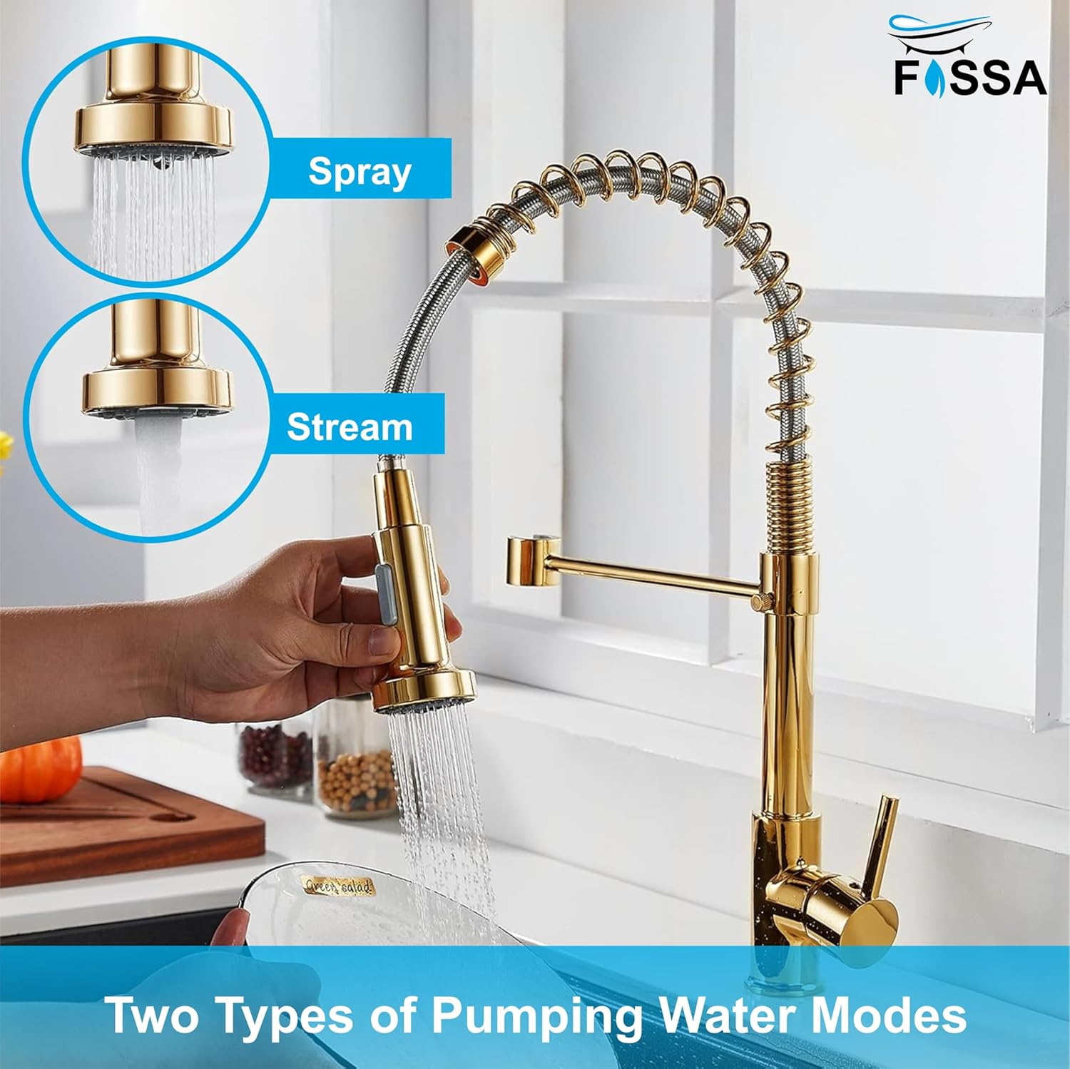 Fossa Kitchen Taps, Kitchen Sink Mixer Tap with Pull Down Sprayer, Kitchen Mixer Taps 1 Hole, 360°Swivel Spring Kitchen Faucet Single Handle Lever, 2 Spray...