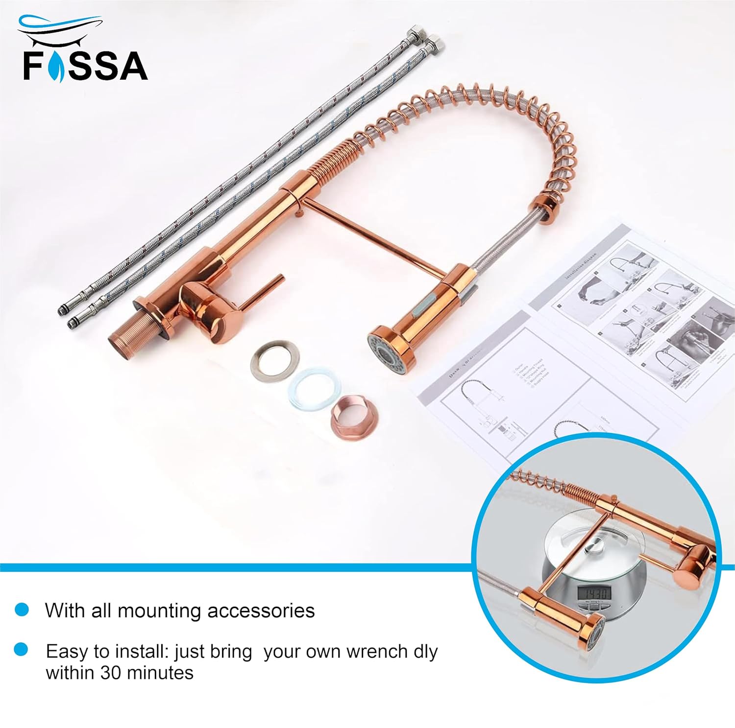 Fossa Kitchen Taps, Kitchen Sink Mixer Tap with Pull Down Sprayer, Kitchen Mixer Taps 1 Hole, 360°Swivel Spring Kitchen Faucet Single Handle Lever, 2 Spray Modes (Chrome Finish) Rose Gold