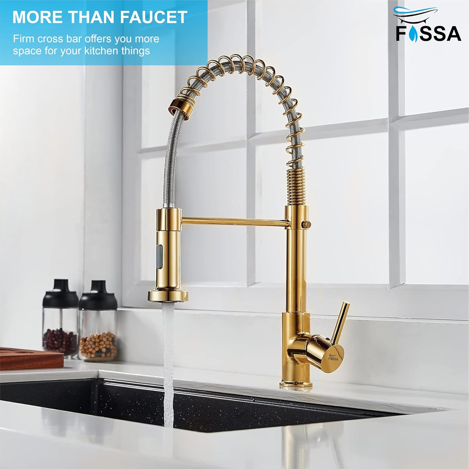 Fossa Kitchen Taps, Kitchen Sink Mixer Tap with Pull Down Sprayer, Kitchen Mixer Taps 1 Hole, 360°Swivel Spring Kitchen Faucet Single Handle Lever, 2 Spray...