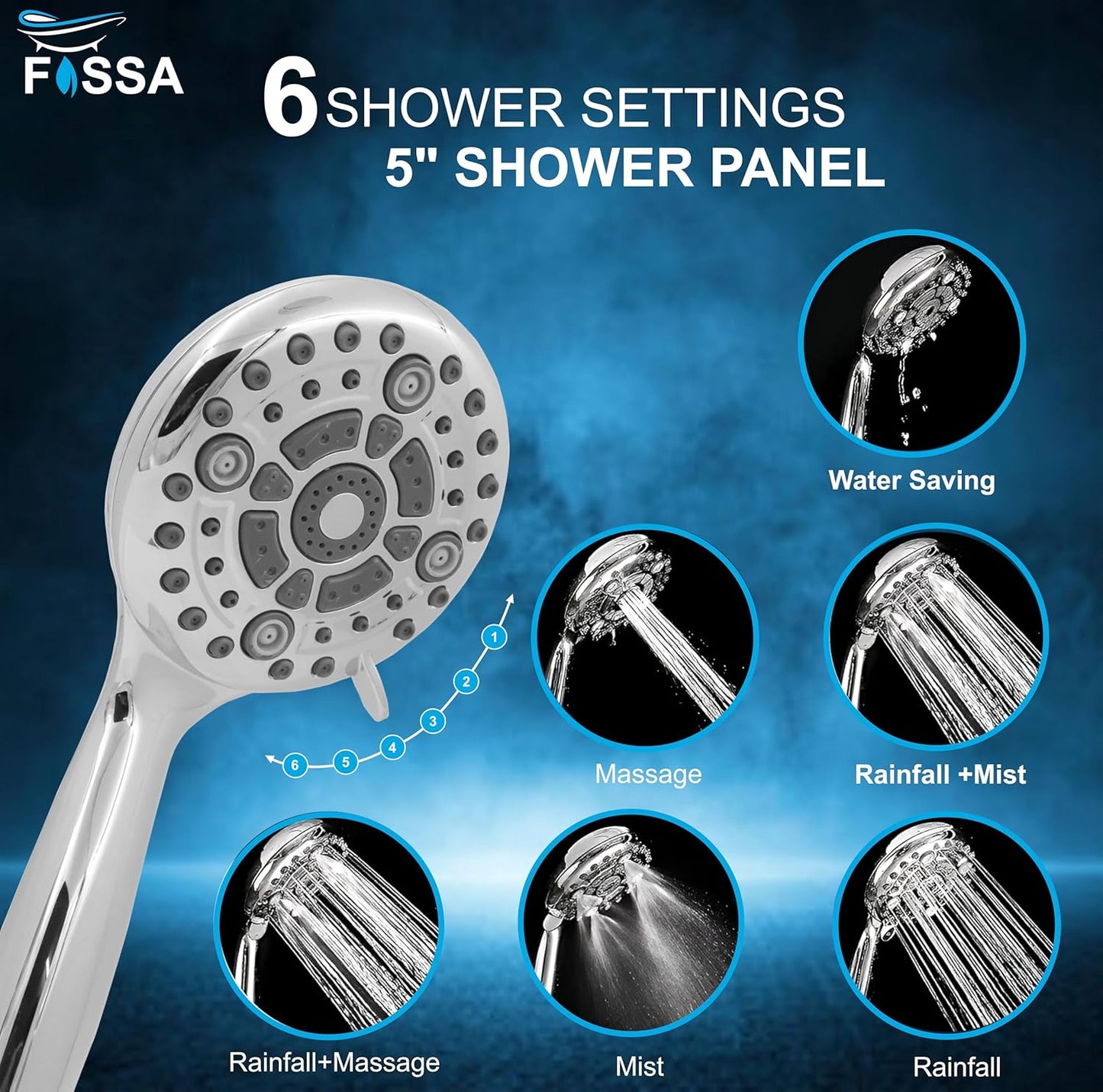 Fossa 5″ High Pressure Hand Shower Head 6-setting - High Flow Even with Low Water Pressure - Hand Held Showerhead Set with 1 Mtr Hose Pipe Stainless Steel (Chrome Finish)