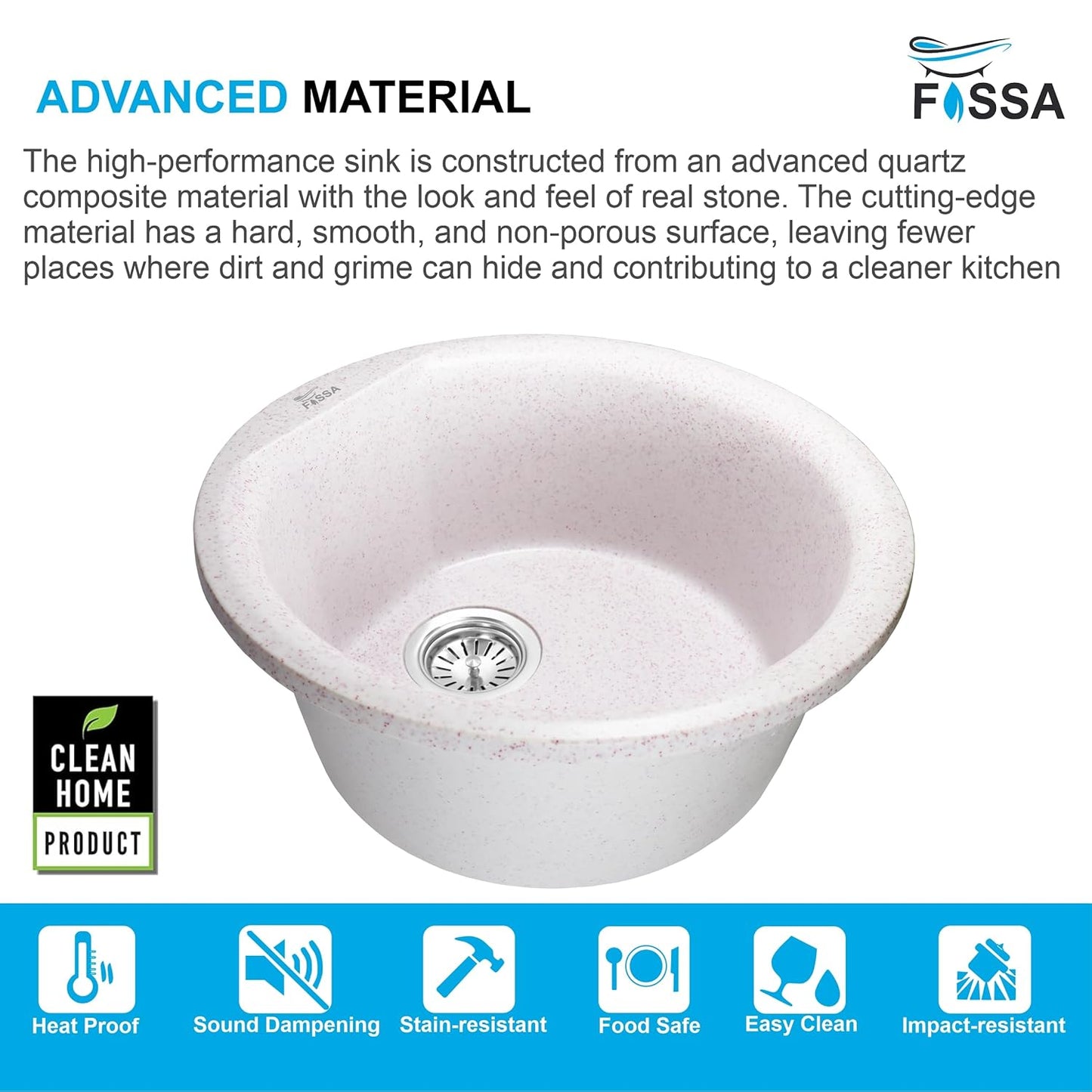 Fossa 18"x18"x08" Inch Round Bar Sink, Single Bowl Kitchen Sinks, Quartz German Engineered Technology Kitchen Sink Easy-to-Clean Sink for Outdoor Indoor Catering Restaurant Hospital (Light pink stone)