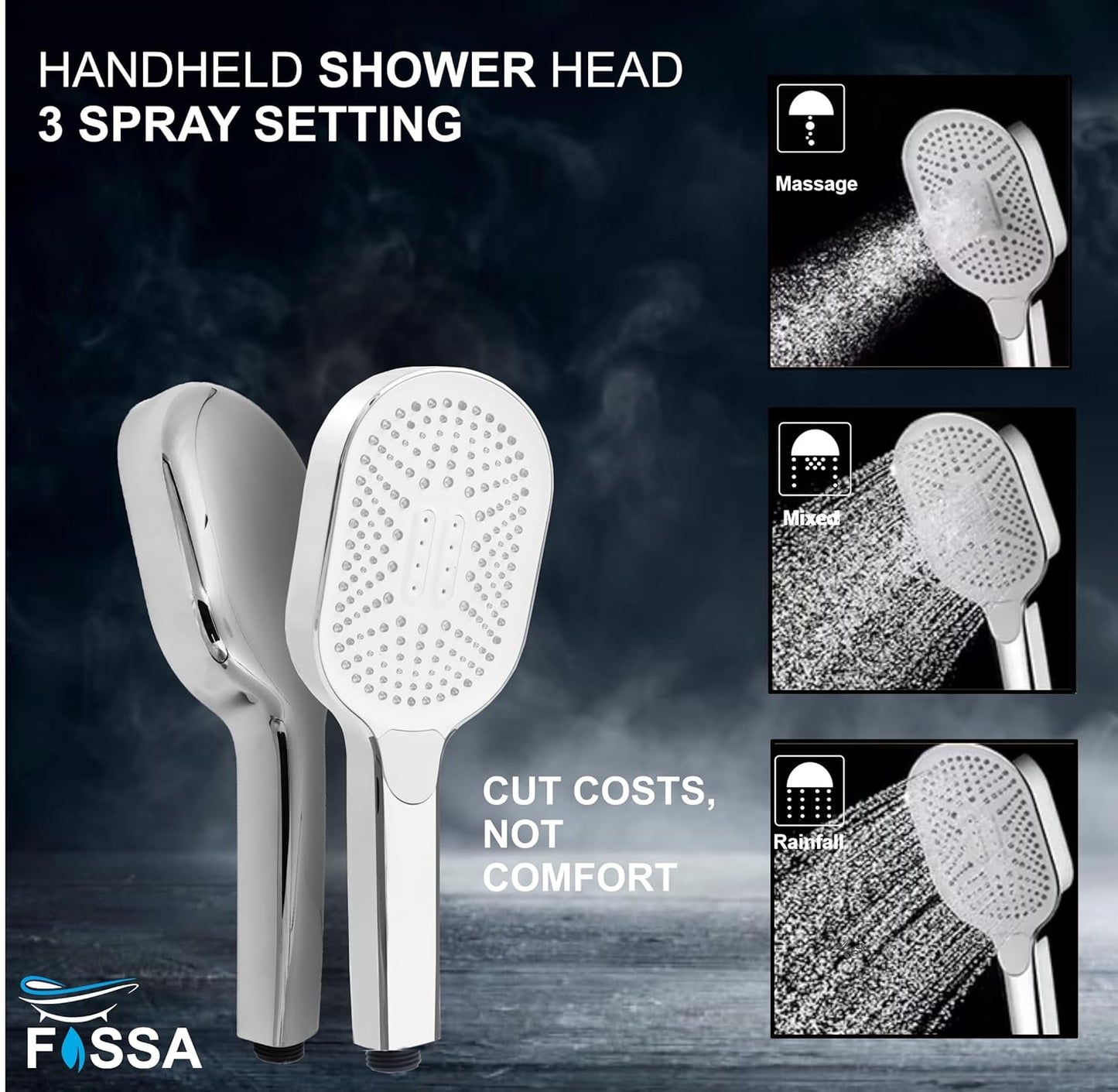 Fossa Thunder White Luxury Handheld Shower Head with 3 Spray Setting Modes, Multi-Function, Large Hand Shower with Wall Hook and 1M SS Shower Tube,Handheld Shower for Bathroom (Chrome Finish)