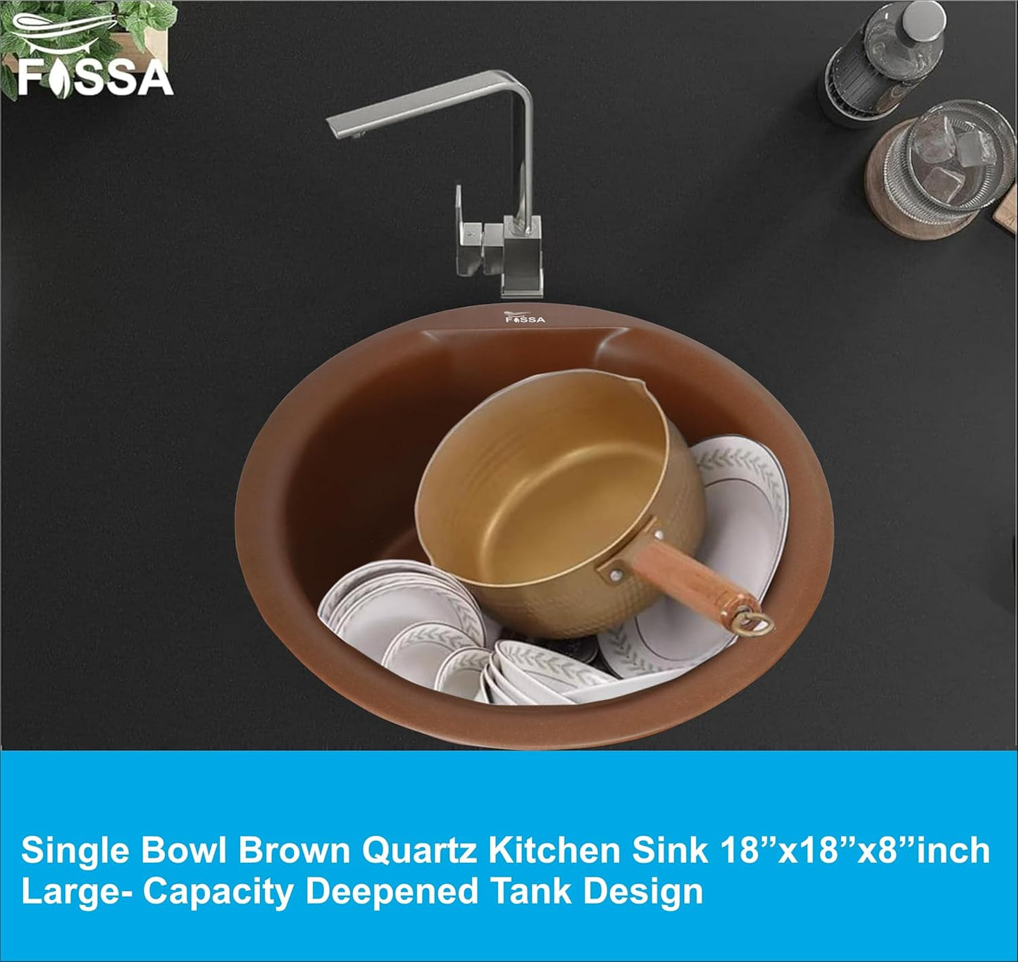 Fossa 18"x18"x08" Inch Round Bar Sink, Single Bowl Kitchen Sinks, Quartz German Engineered Technology Kitchen Sink Easy-to-Clean Sink for Outdoor Indoor Catering Restaurant Hospital (Brown)