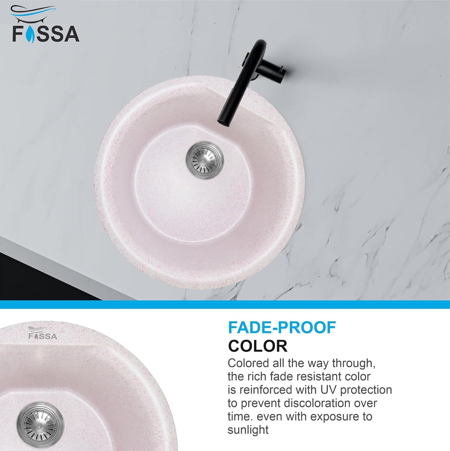 Fossa 18"x18"x08" Inch Round Bar Sink, Single Bowl Kitchen Sinks, Quartz German Engineered Technology Kitchen Sink Easy-to-Clean Sink for Outdoor Indoor Catering Restaurant Hospital (Light pink stone)