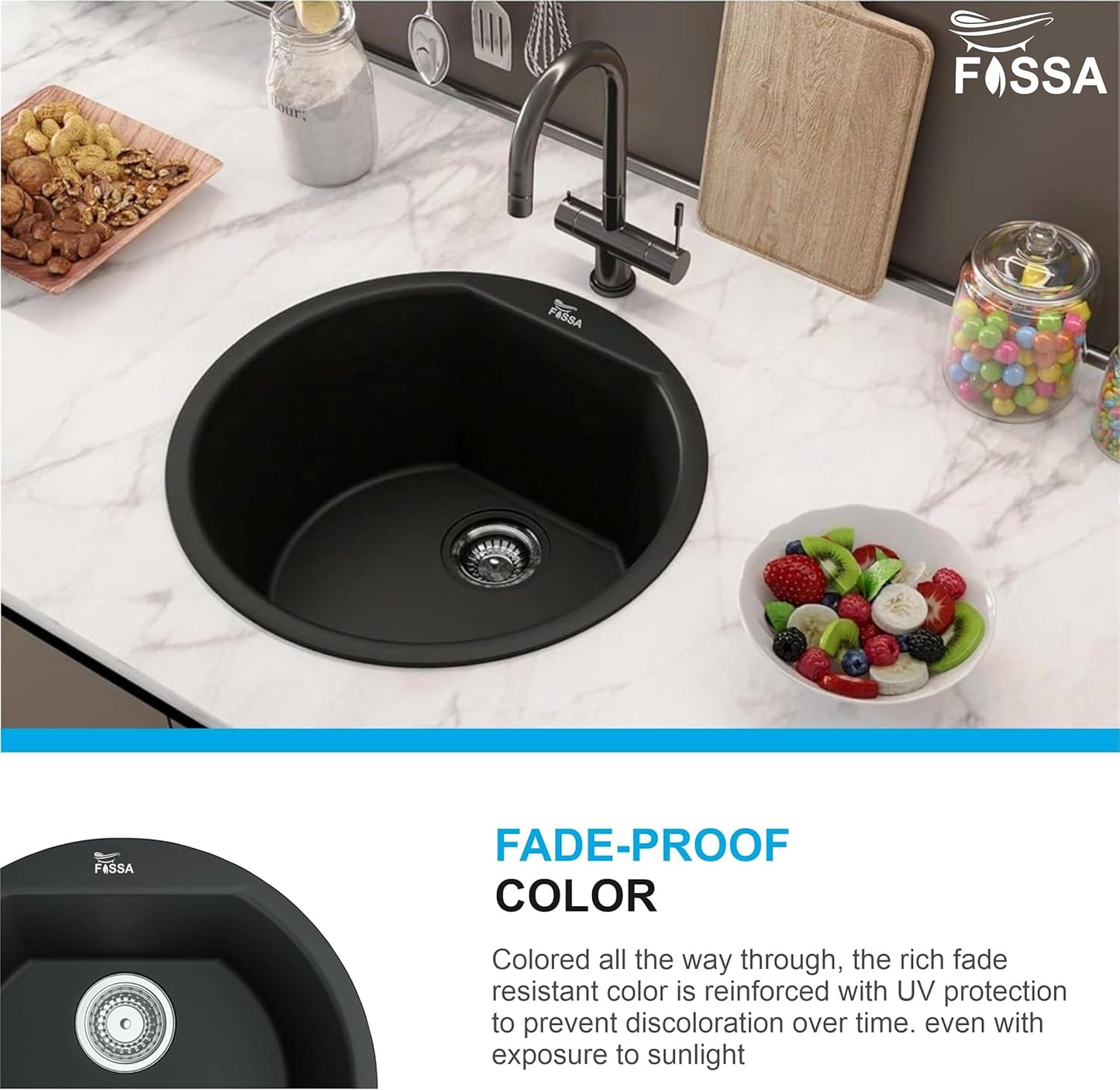 Fossa 18"x18"x08" Inch Black Round Bar Sink, Thicken Single Bowl Kitchen Sinks, Quartz German Engineered Technology Kitchen Sink Easy-to-Clean Sink for Outdoor Indoor Catering Restaurant Hospital