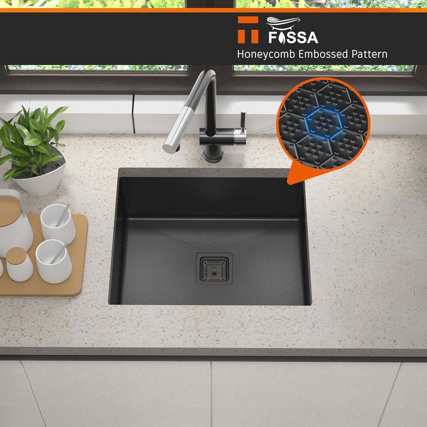 Fossa 18"x16"x09" Single Bowl Premium Honeycomb Embossed Handmade Kitchen Sink with Black Nano Coating, Stainless Steel Sink (Black)