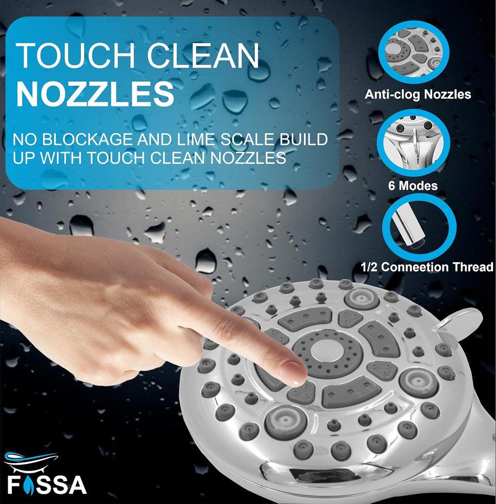 Fossa 5″ High Pressure Hand Shower Head 6-setting - High Flow Even with Low Water Pressure - Hand Held Showerhead Set with 1 Mtr Hose Pipe Stainless Steel (Chrome Finish)