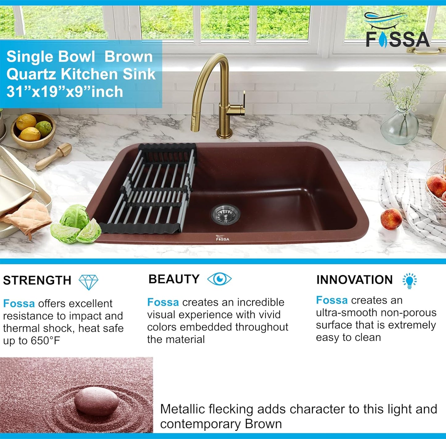 Fossa 31"x19"x09" Inch Granite Quartz Kitchen Sink Single Bowl with Basket, Coupling, Waste Pipe Quartz German Engineered Technology Kitchen Sink Easy-to-Clean Sink (Choco Brown)