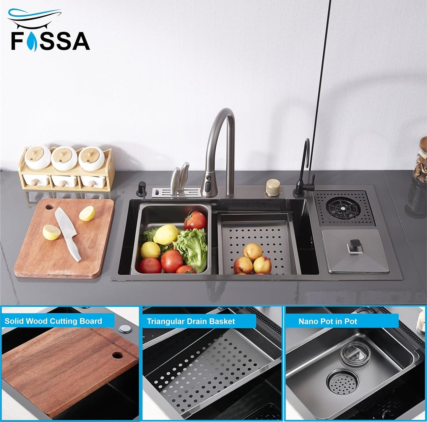 Fossa 37"x18"x10" inch Single Bowl With Dustbin 304 Grade Sink Waterfall Kitchen Sink Honeycomb Embossed Sink with Black Nano Coating, Stainless Steel, Rectangular Workstation,faucet With all Accessories.