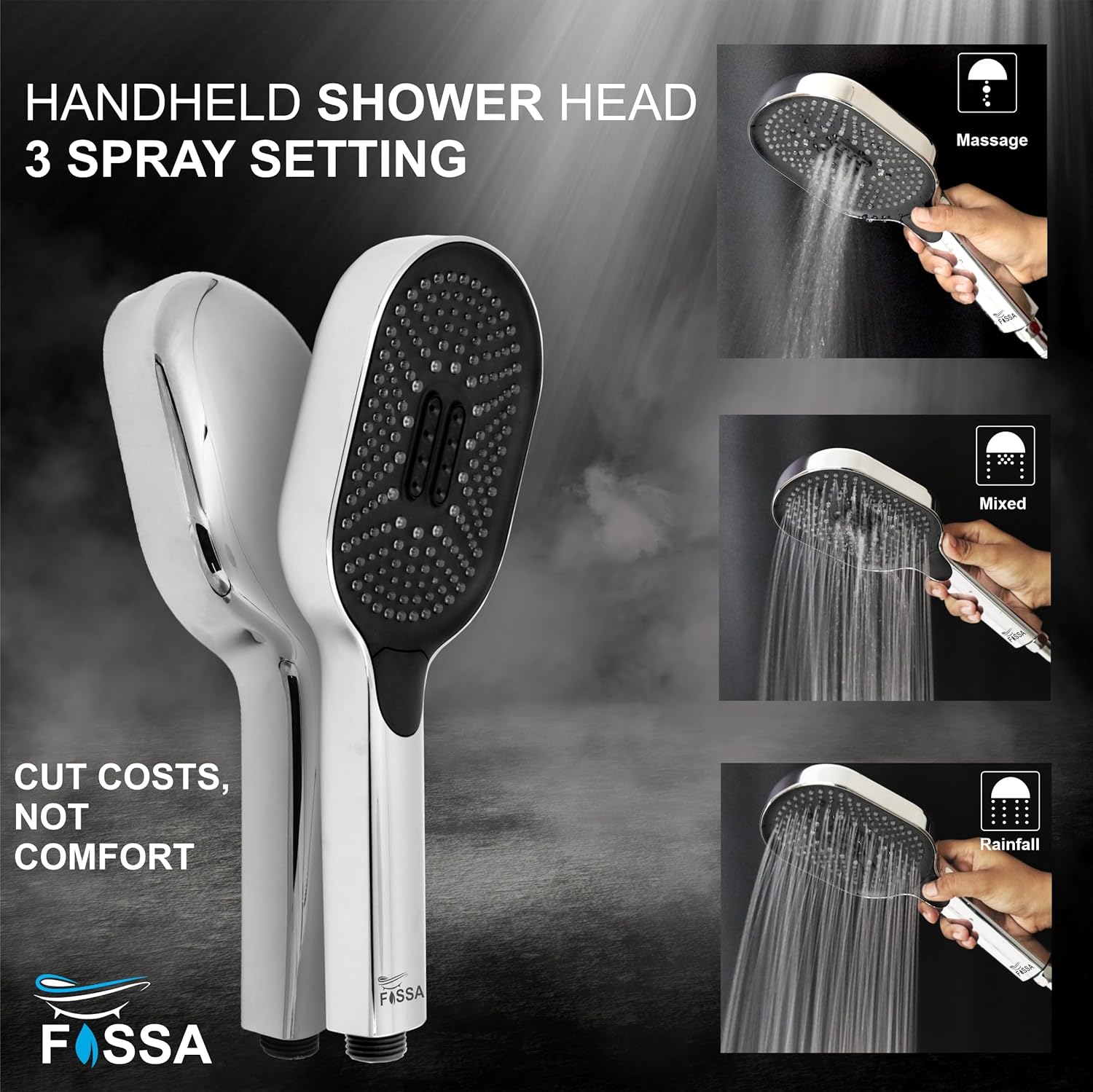 Fossa Thunder Black Luxury Handheld Shower Head with 3 Spray Setting Modes, Multi-Function, Large Hand Shower with Wall Hook and 1M SS Shower Tube,Handheld Shower for Bathroom (Chrome Finish)