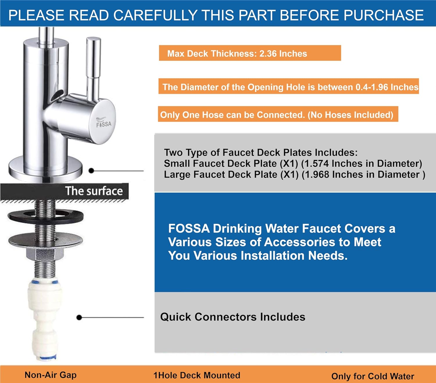 Fossa RO Tap Kitchen Water Filter Faucet, 100% Lead-Free Drinking Water Faucet Stainless Steel 304 Body Chrome Finish (Chrome)