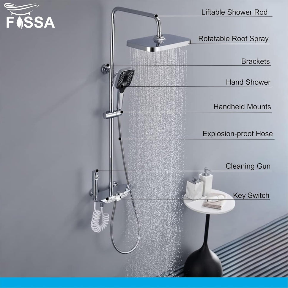 Shower System Thermostatic Shower Faucet Set Wall Mount Rain Shower Combo Set with Piano and Shower Tub Spout, Handheld Sprayer, 10 Inch Rain Shower Head, Bidet Spray, Chrome Finish