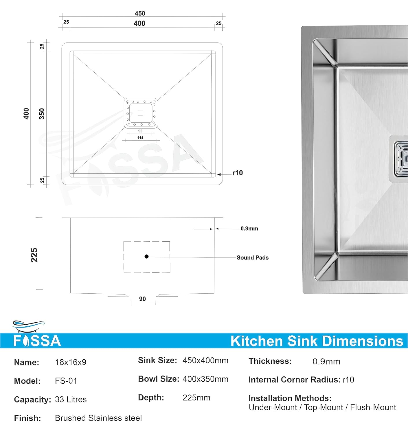 Fossa 18"x16"x09" inch Single Bowl Premium Stainless Steel Handmade Kitchen Sink (Matte Finish) Silver