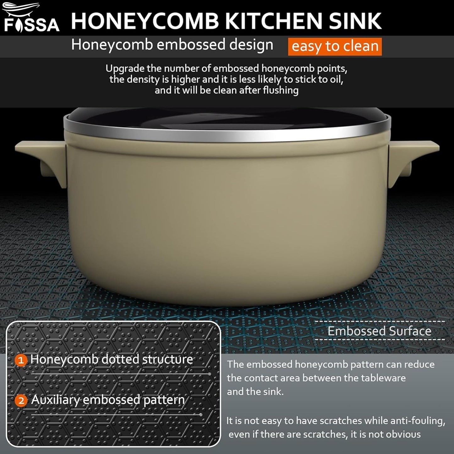 Fossa 18"x16"x09" Single Bowl Premium Honeycomb Embossed Handmade Kitchen Sink with Black Nano Coating, Stainless Steel Sink (Black)