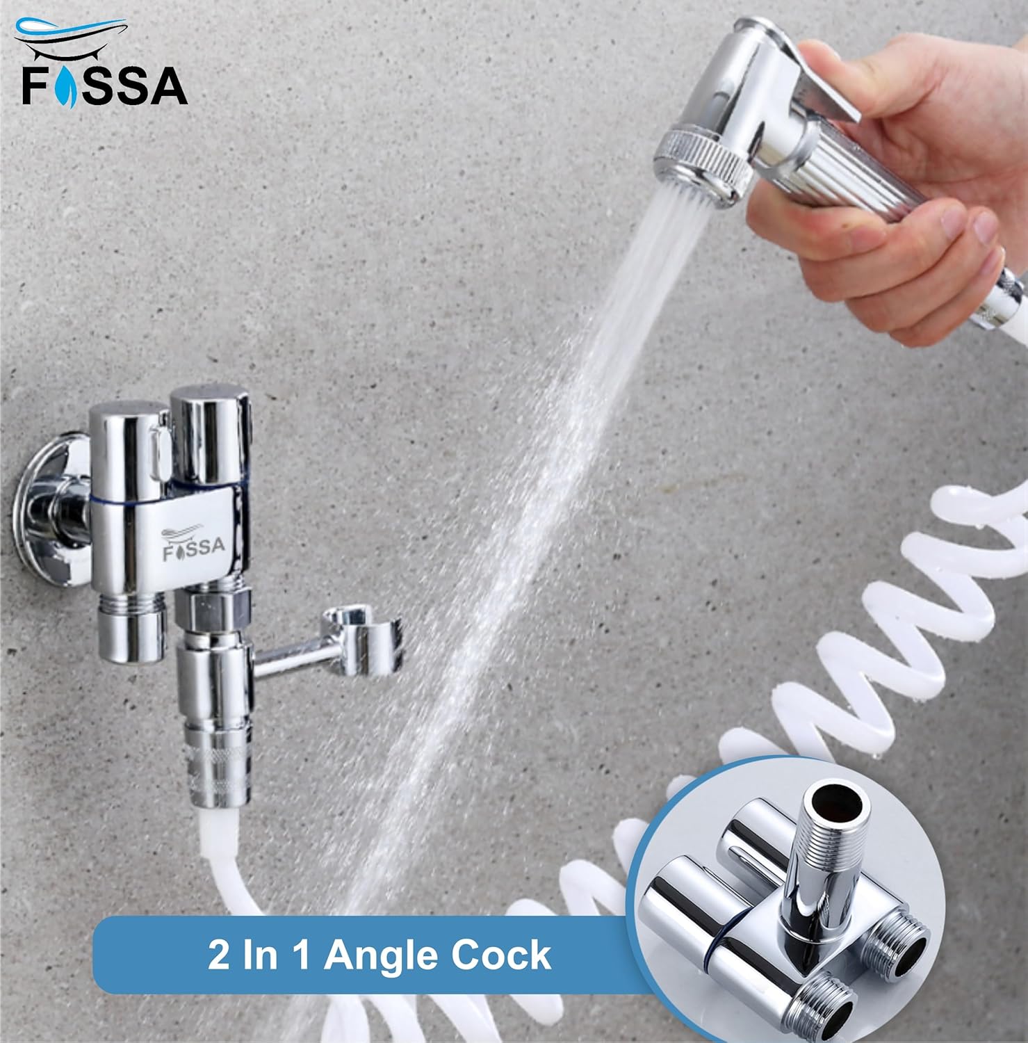 Fossa Brass 2 in 1 Angle Wall Mount Two Out Water Cleaning Sprayer Angle cock with Flange Chrome Finish for Bathroom Wash Basin Toilet (Silver) (Compact | Pack of 2)