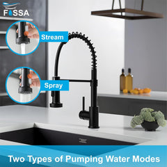 Fossa Kitchen Taps, Kitchen Sink Mixer Tap with Pull Down Sprayer, Kitchen Mixer Taps 1 Hole, 360°Swivel Spring Kitchen Faucet Single Handle Lever, 2 Spray Modes Chrome Finish (Black)