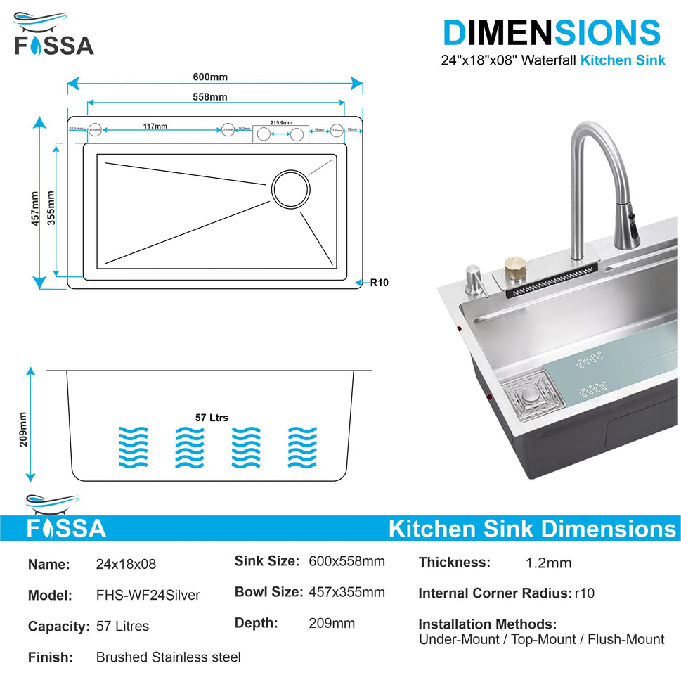 Fossa 24"x18"x09" Single Bowl Waterfall Kitchen Sink Honeycomb Embossed Sink with Nano Coating, Stainless Steel, Rectangular Workstation, Faucet With Included All Accessories. (Silver)