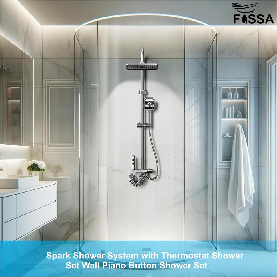 Fossa Spark Shower System with Thermostat Shower Set Wall Piano Button Shower Set Height Adjustable Rain Shower Set with Shower Fitting, 12 Inch Shower Head, Hand Shower, Bidet Spray, Gun (Grey) (Light Weight )