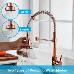 Fossa Kitchen Taps, Kitchen Sink Mixer Tap with Pull Down Sprayer, Kitchen Mixer Taps 1 Hole, 360°Swivel Spring Kitchen Faucet Single Handle Lever, 2 Spray Modes (Chrome Finish) Rose Gold