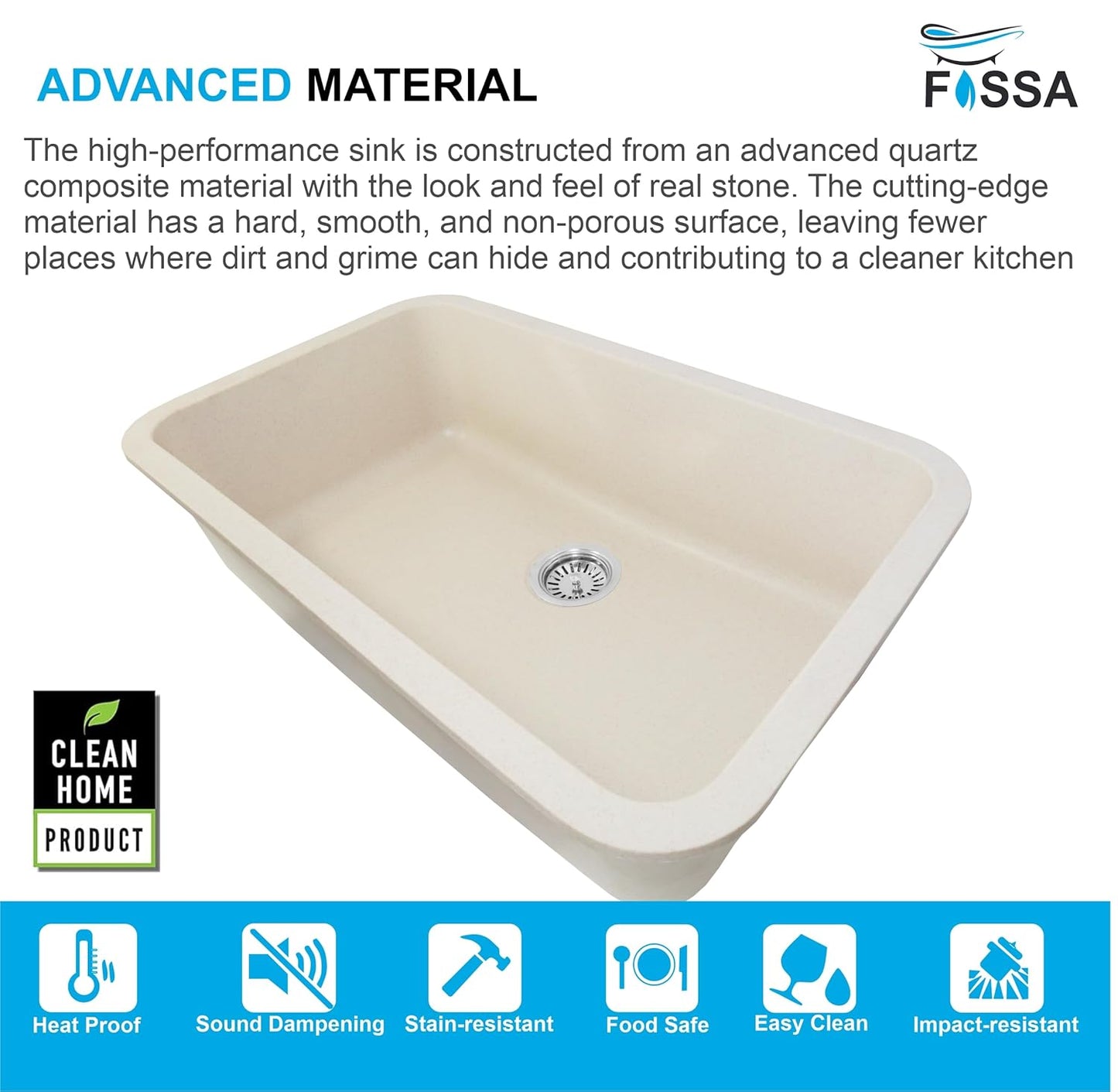 Fossa 31"x19"x09" Inch Granite Quartz Kitchen Sink Single Bowl with Basket, Coupling, Waste Pipe Quartz German Engineered Technology Kitchen Sink Easy-to-Clean Sink (Peach Ivory)