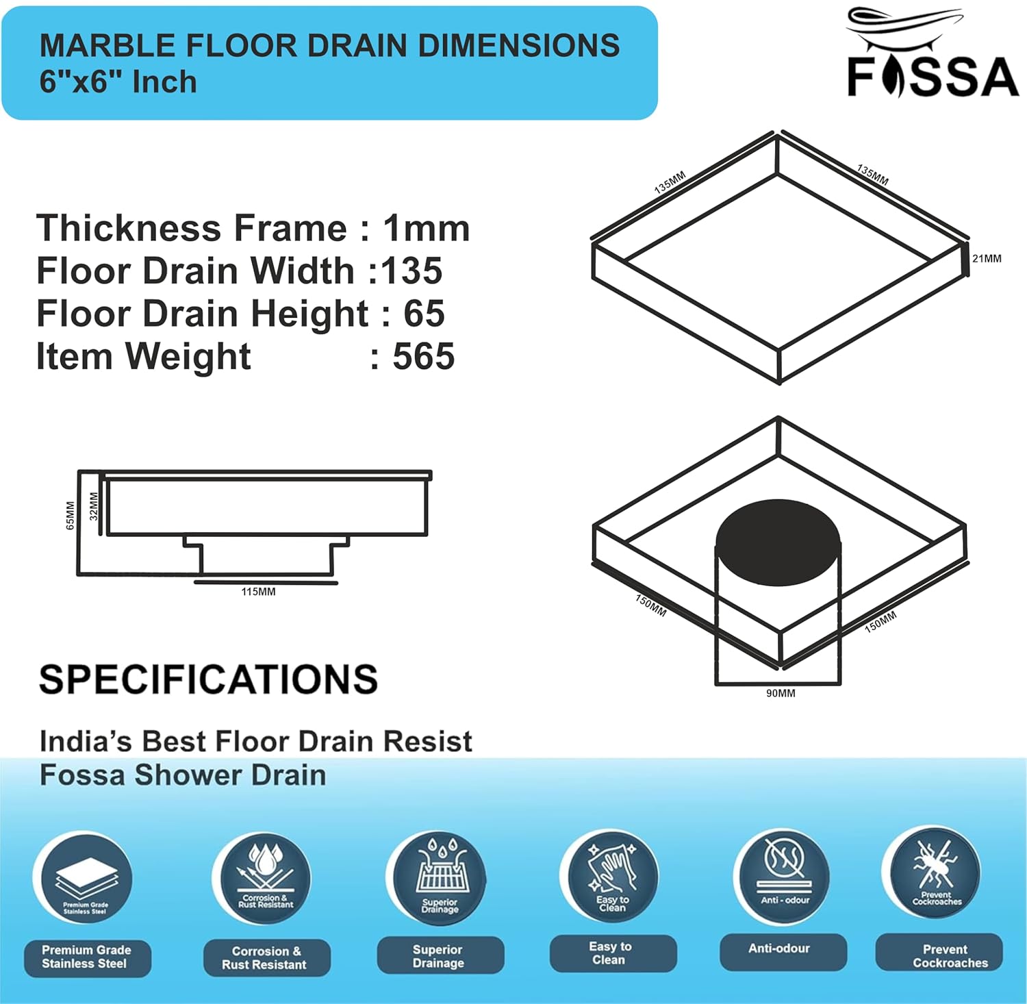 Fossa Marble 6"x6" Inch Square Floor Drain, 304 Grade Stainless Steel, for Bathroom Grating Square Floor Drain Jali, (Matte Finish)