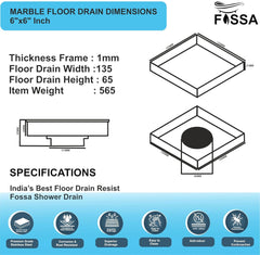 Fossa Marble 6"x6" Inch Square Floor Drain, 304 Grade Stainless Steel, for Bathroom Grating Square Floor Drain Jali, (Matte Finish)