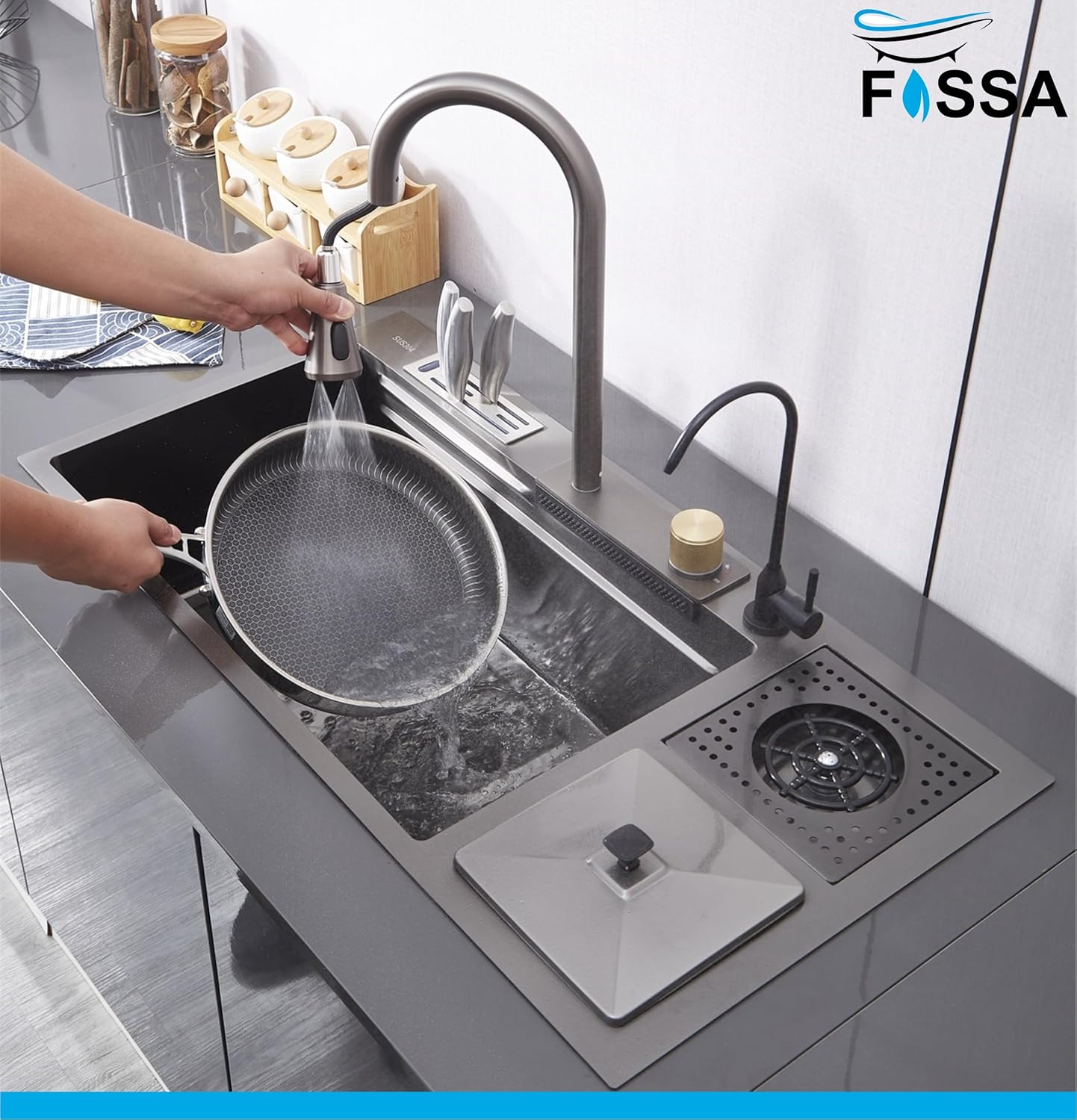 Fossa 37"x18"x10" inch Premium Single Bowl With Dustbin Sink Waterfall Kitchen Sink Honeycomb Embossed Sink with Black Nano Coating, Stainless Steel, Rectangular Workstation,faucet With all Accessories.