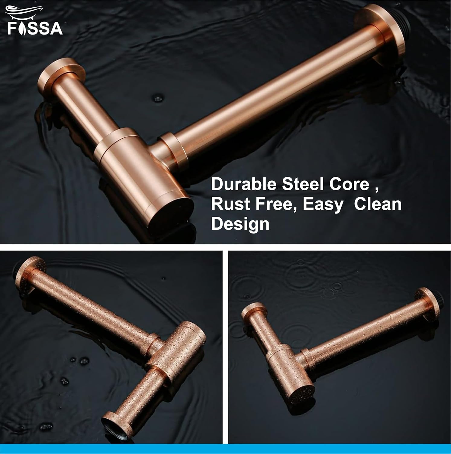 Fossa Steel Bottle Trap for Wash basins | Bottle Trap With Wall Flange and 12 Inches Pipe | Chrome Finish (Stainless Steel) Rose Gold