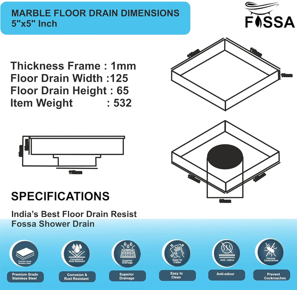 Fossa Marble 5"X5" Inch Square Floor Drain, 304 Grade Stainless Steel, for Bathroom Grating Square Floor Drain Jali, (Matte Finish)