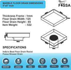 Fossa Marble 5"X5" Inch Square Floor Drain, 304 Grade Stainless Steel, for Bathroom Grating Square Floor Drain Jali, (Matte Finish)