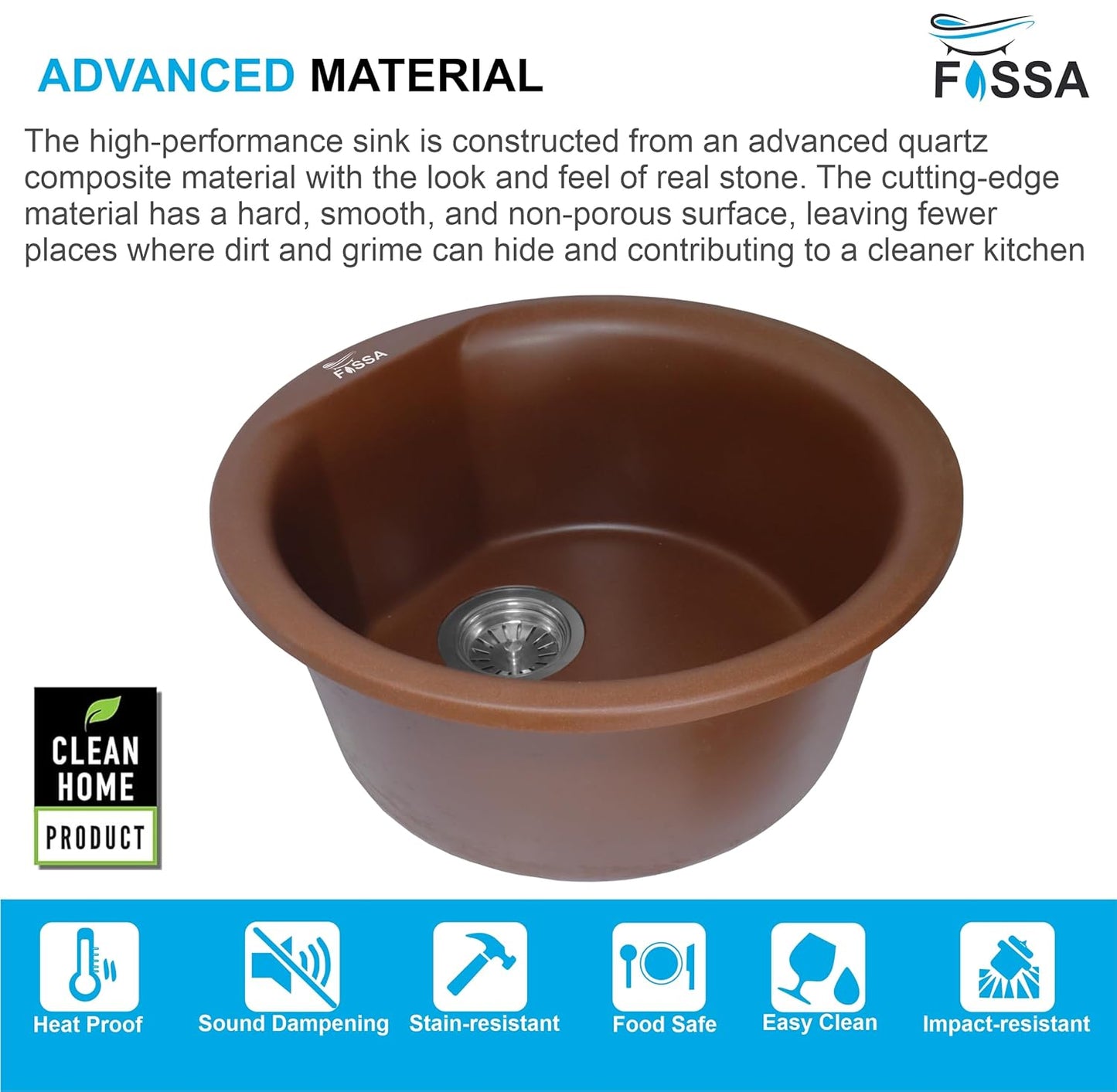 Fossa 18"x18"x08" Inch Round Bar Sink, Single Bowl Kitchen Sinks, Quartz German Engineered Technology Kitchen Sink Easy-to-Clean Sink for Outdoor Indoor Catering Restaurant Hospital (Brown)