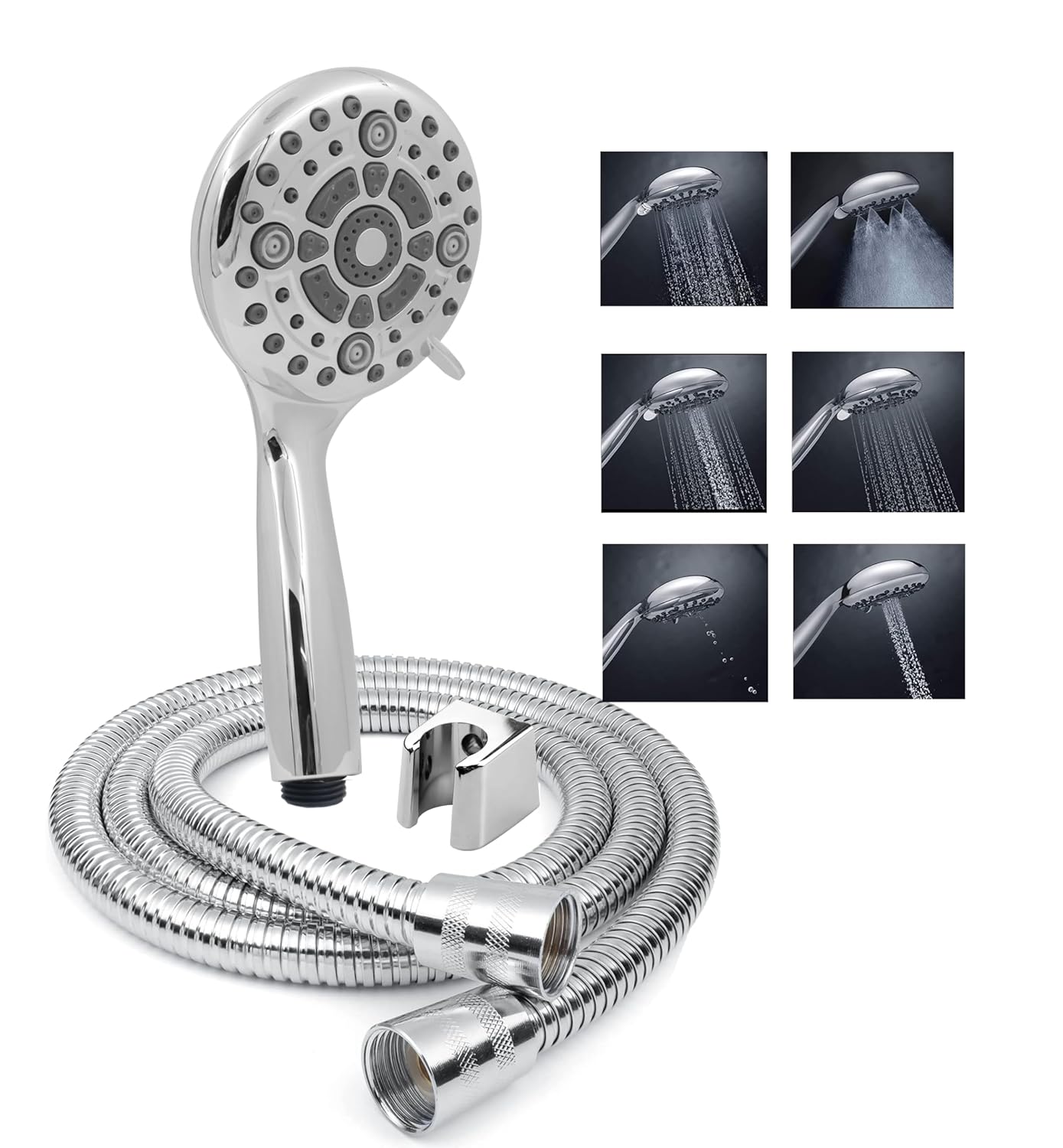 Fossa 5″ High Pressure Hand Shower Head 6-setting - High Flow Even with Low Water Pressure - Hand Held Showerhead Set with 1 Mtr Hose Pipe Stainless Steel (Chrome Finish)