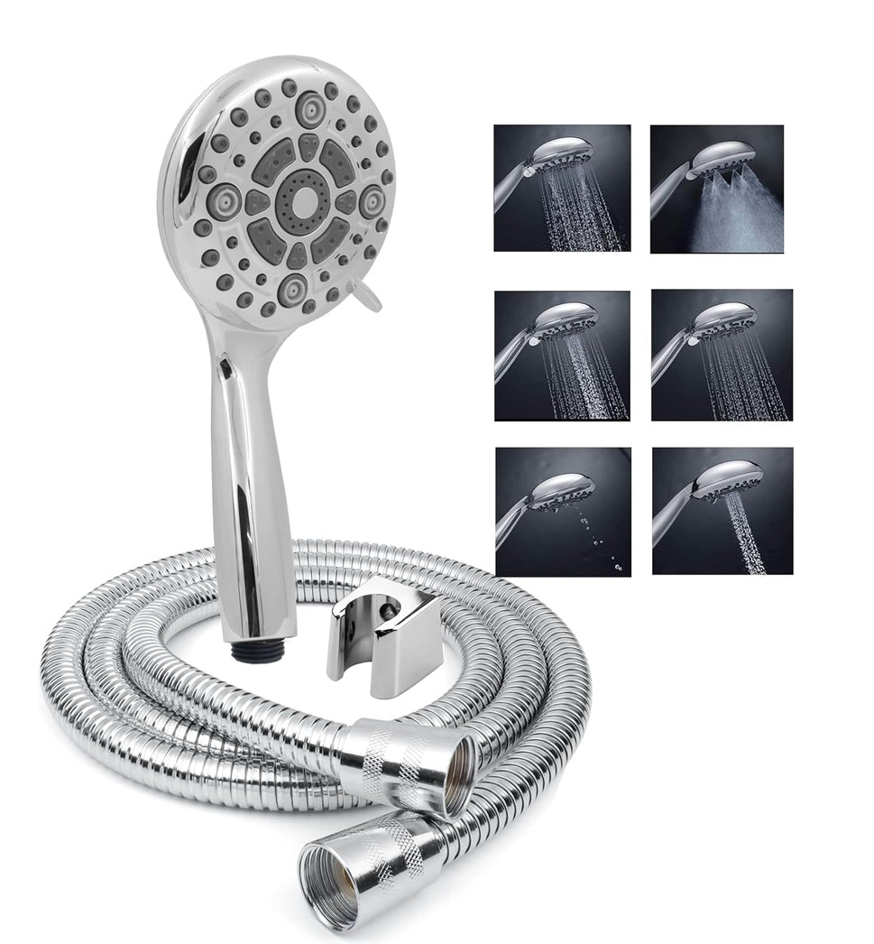 Fossa 5″ High Pressure Hand Shower Head 6-setting - High Flow Even with Low Water Pressure - Hand Held Showerhead Set with 1 Mtr Hose Pipe Stainless Steel (Chrome Finish)