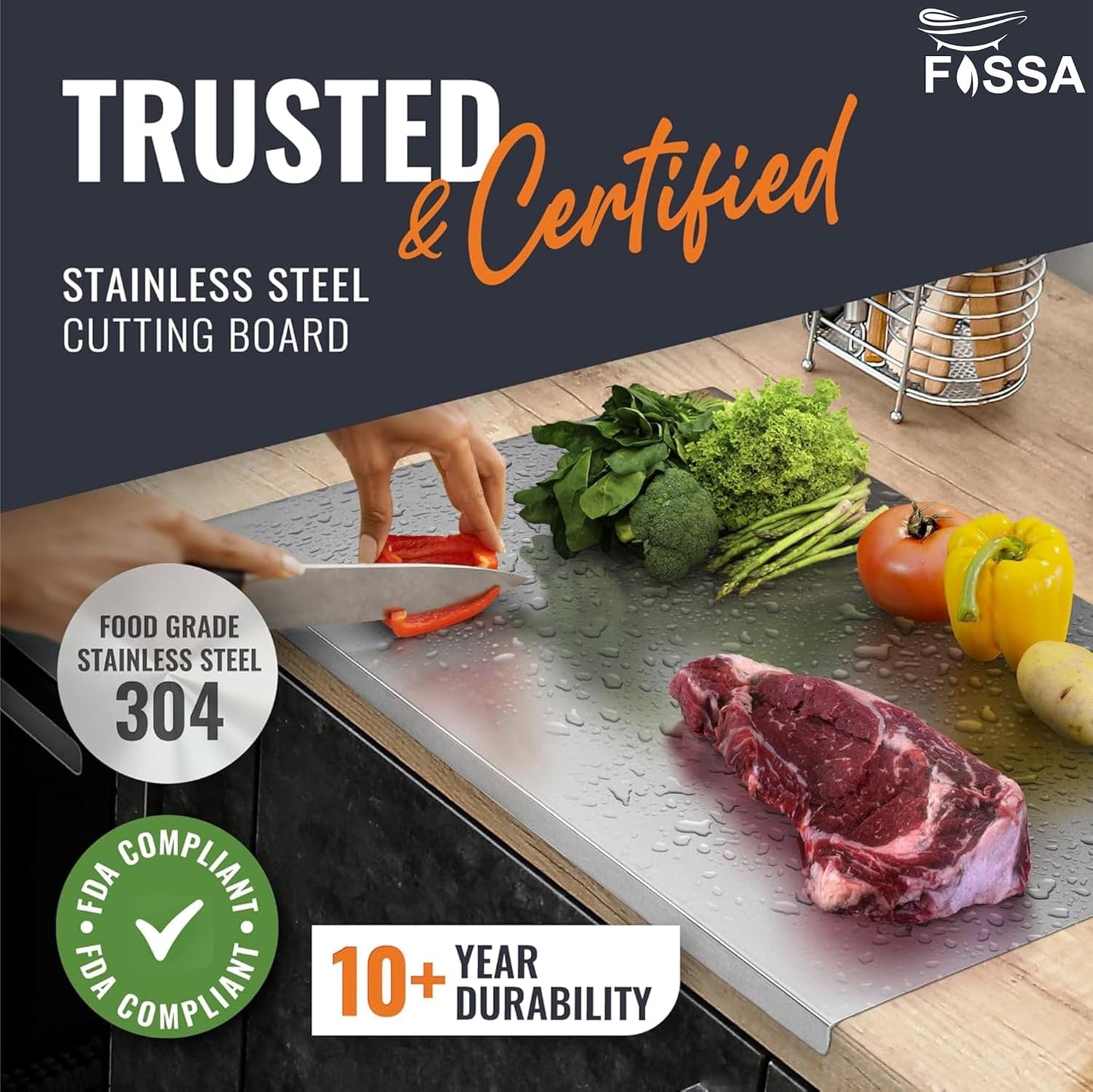 Fossa 15.5"x12"x1" Extra Large Stainless Steel Cutting Board - Thin & Stable | Cutting Boards for Kitchen | Metal Cutting Boards for Kitchen | Pastry Board | Chopping Board | Countertop (Silver)