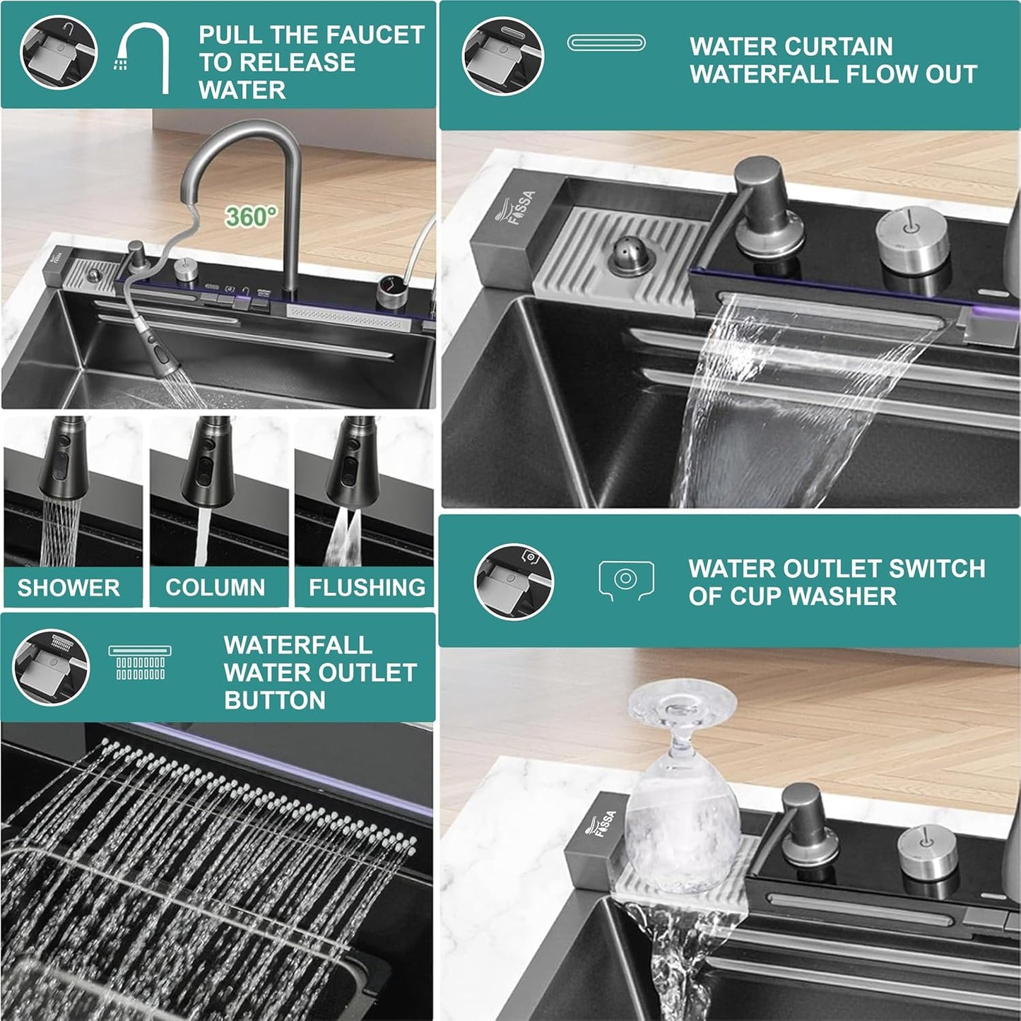 Fossa 30"x18"x10" inch Piano Fully Equipped Kitchen Sink with Integrated Waterfall and Pull-down Faucets - SS-304 Grade Stainless Steel Sink with LED Pannel and Digital Display - Nano Black Finish